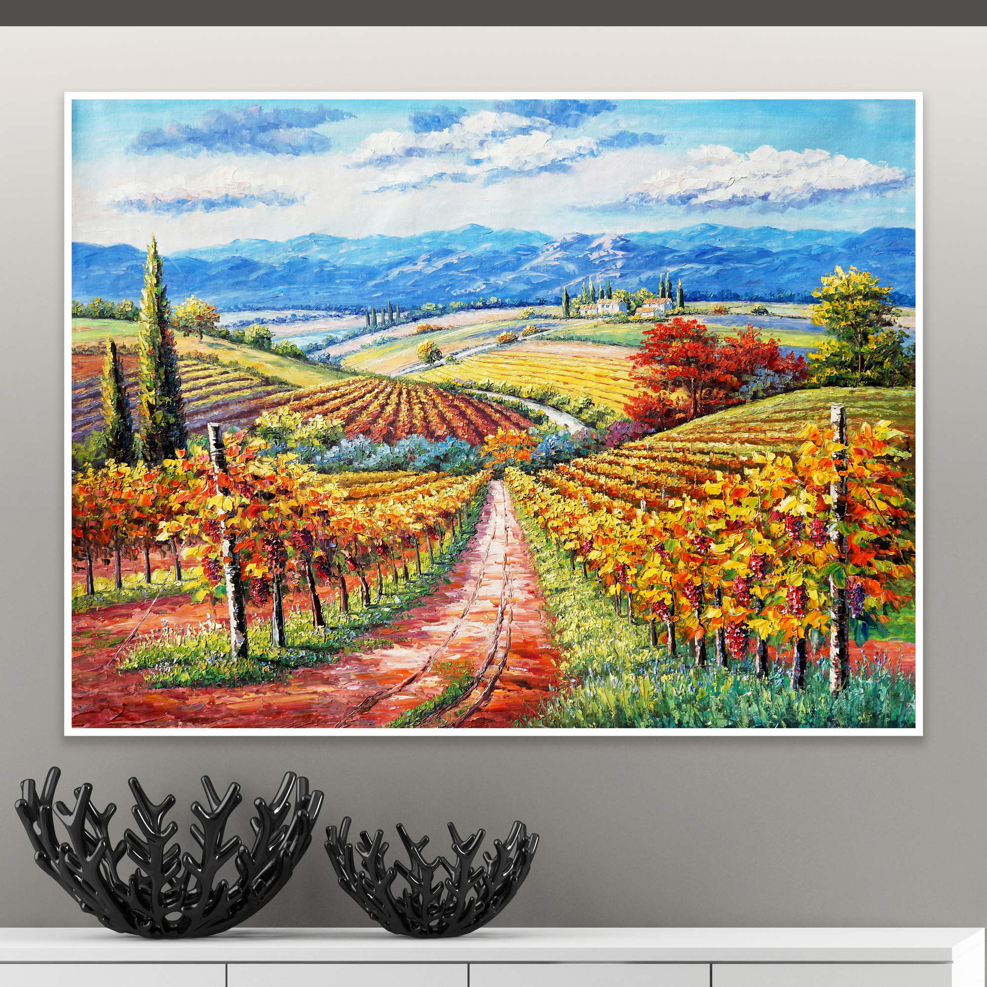 Hand painted Tuscany sunset over the vineyards 75x100cm