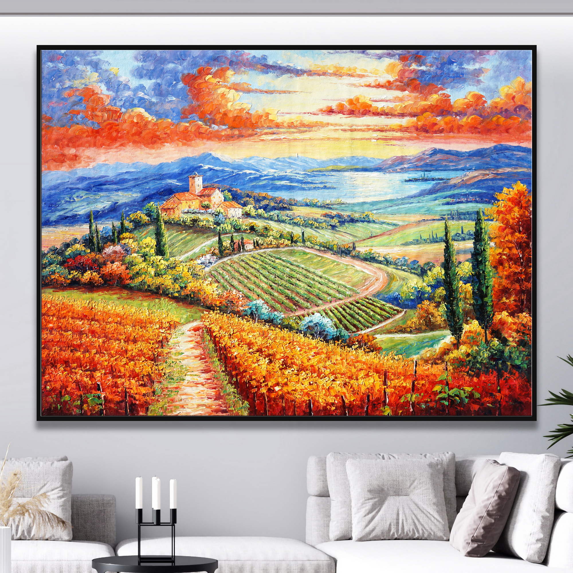 Dipinto di paesaggio autunnale toscano con vigne, casolare e tramonto.