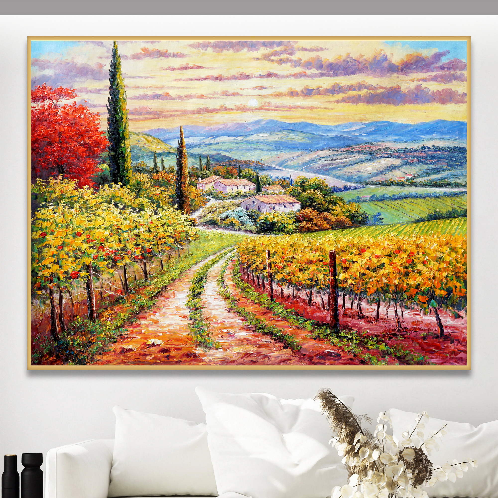 Paysage toscan peint à la main au lever du soleil 75x100cm