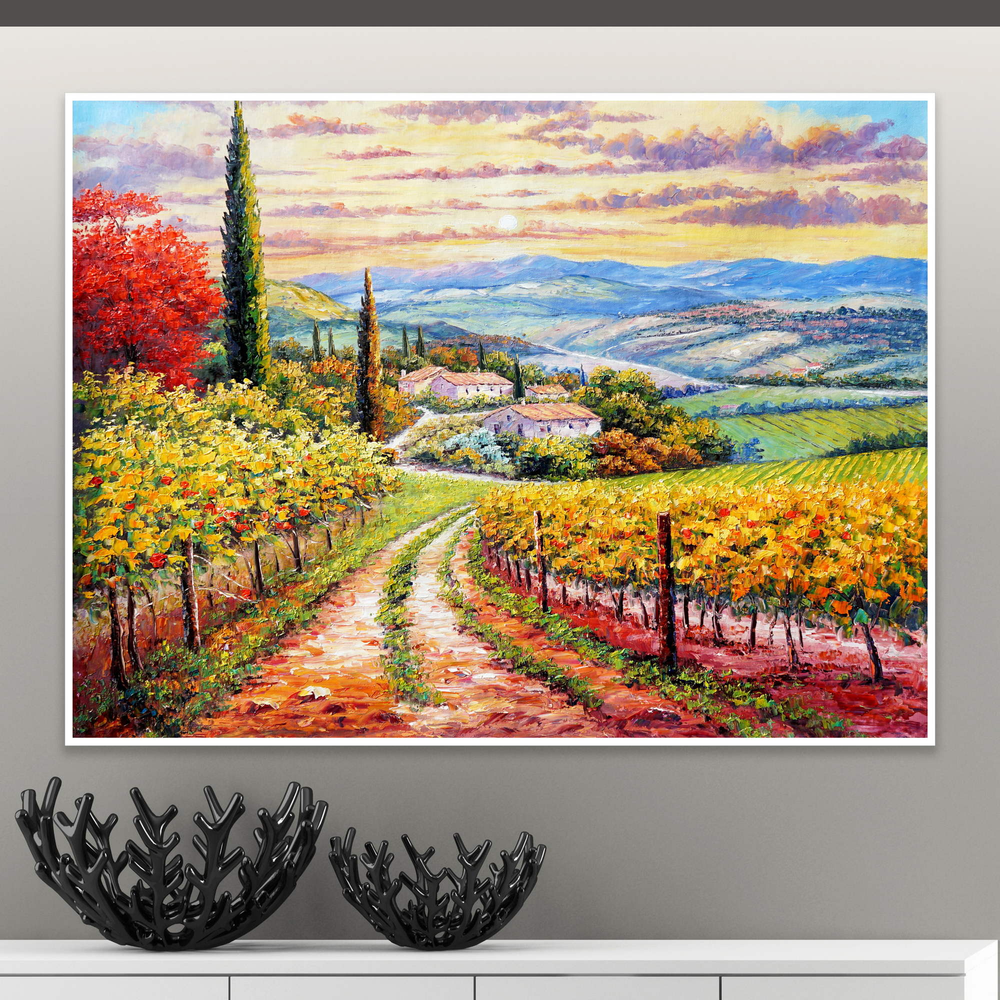 Paysage toscan peint à la main au lever du soleil 75x100cm