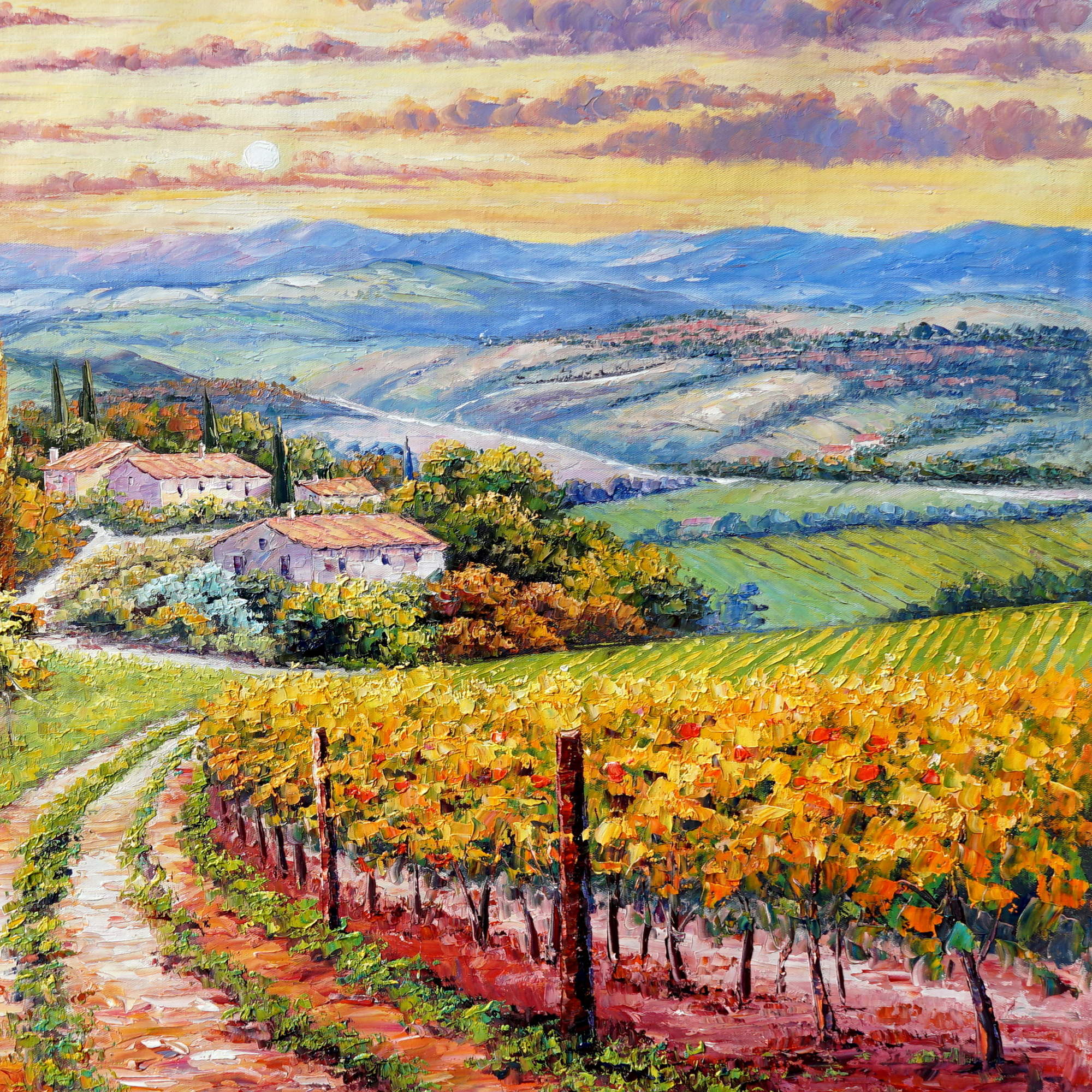 Dipinto a mano Paesaggio Toscano all'Alba 75x100cm