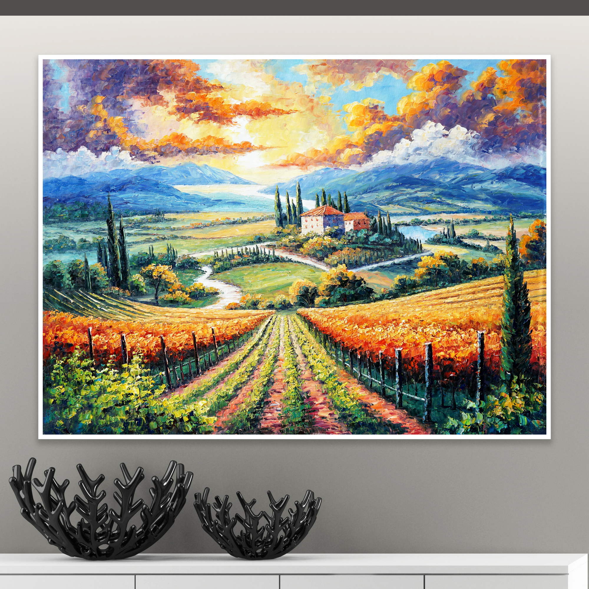 Coucher de soleil en Toscane peint à la main sur les vignes 75x100cm