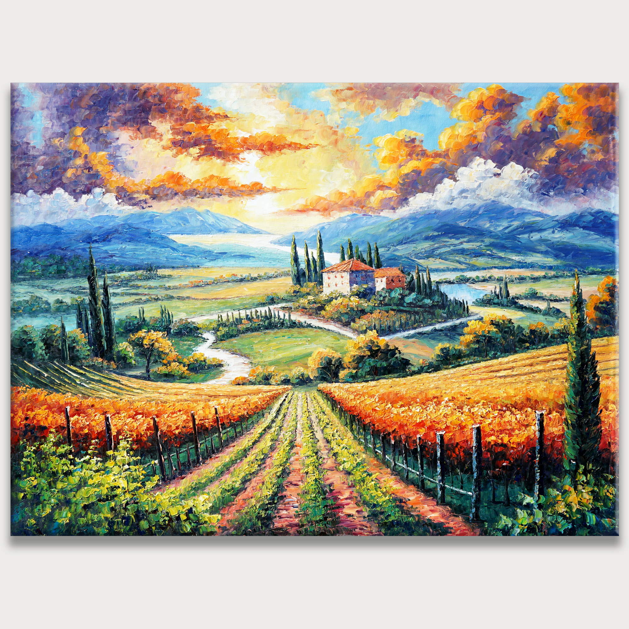 Hand painted Tuscany sunset over the vineyards 75x100cm