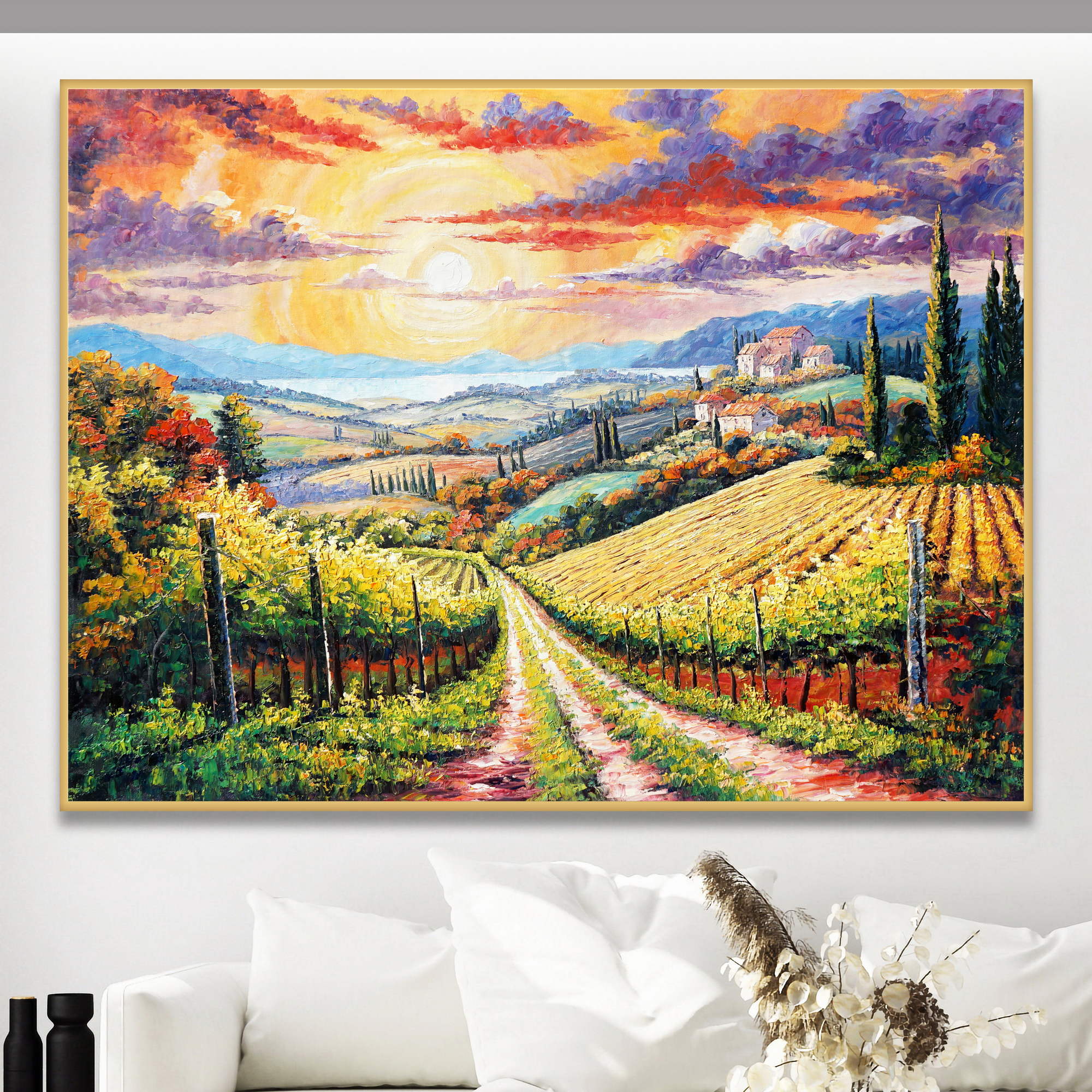 Dipinto a mano Toscana tramonto sui vigneti 75x100cm