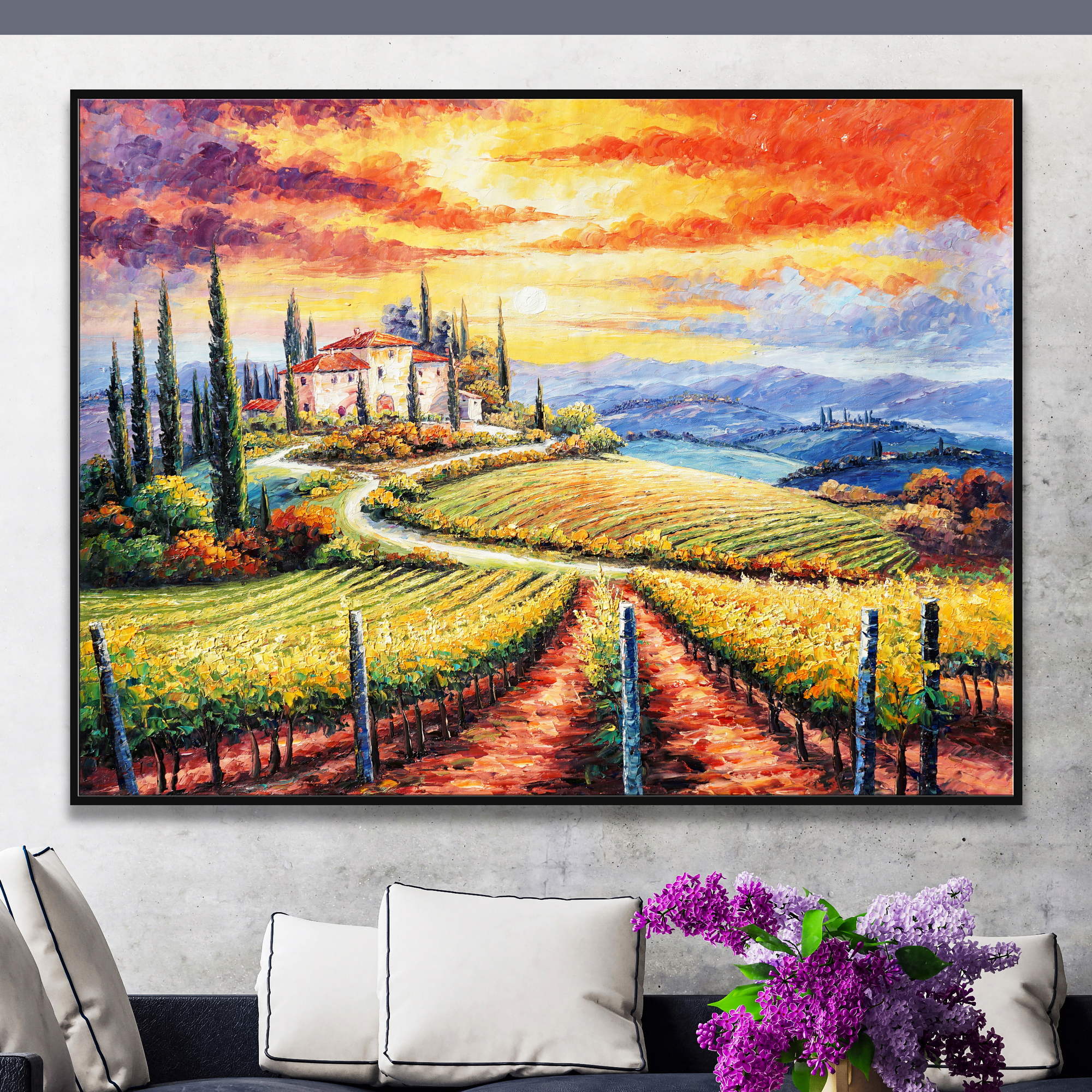 Dipinto di un paesaggio toscano con vigne e tramonto sul vecchio casolare
