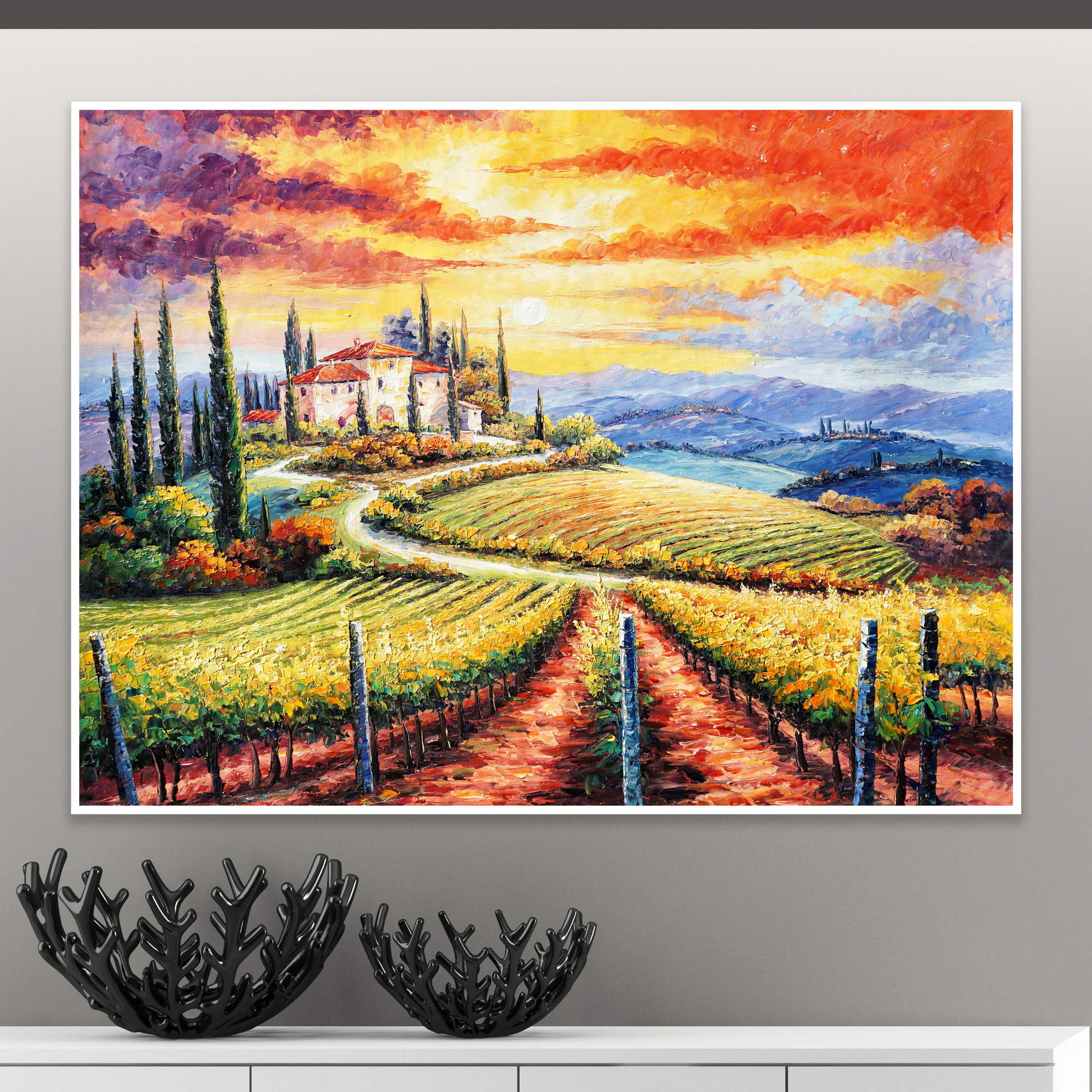 Paysage toscan peint à la main au coucher du soleil 75x100cm