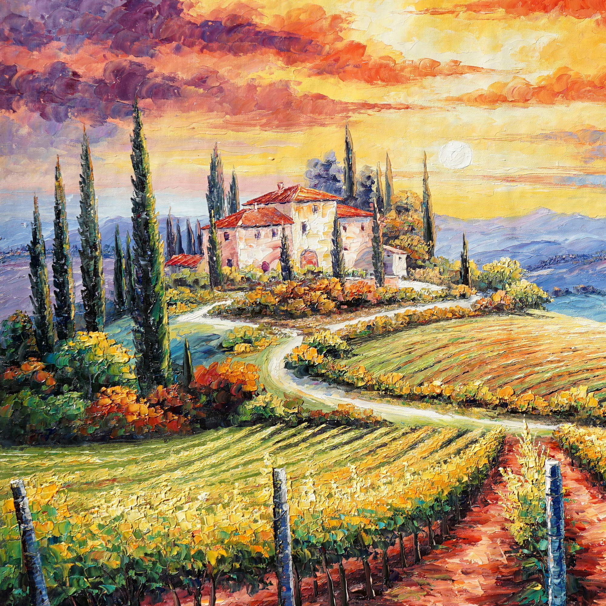 Paysage toscan peint à la main au coucher du soleil 75x100cm