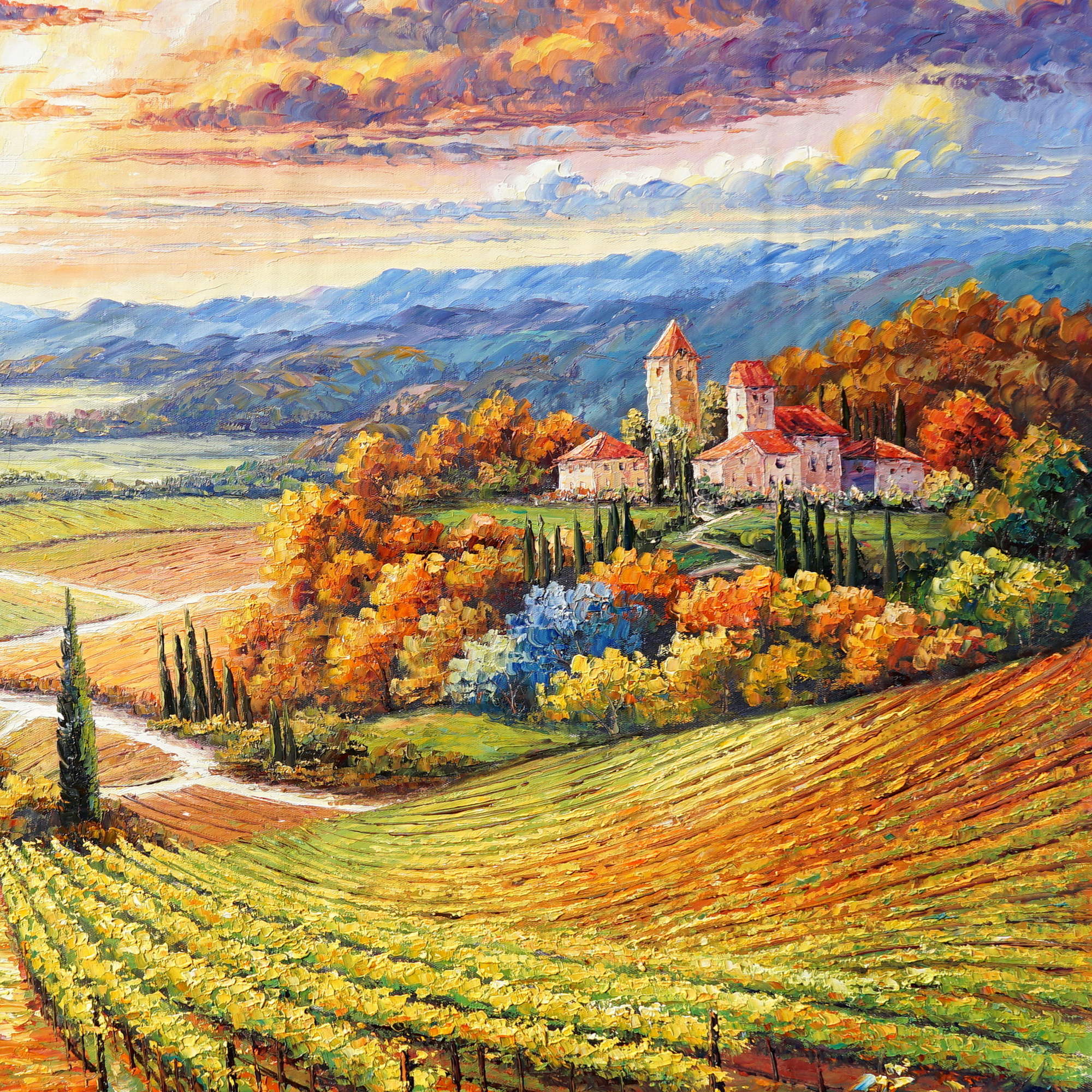 Dipinto a mano Toscana tramonto sui vigneti 75x100cm