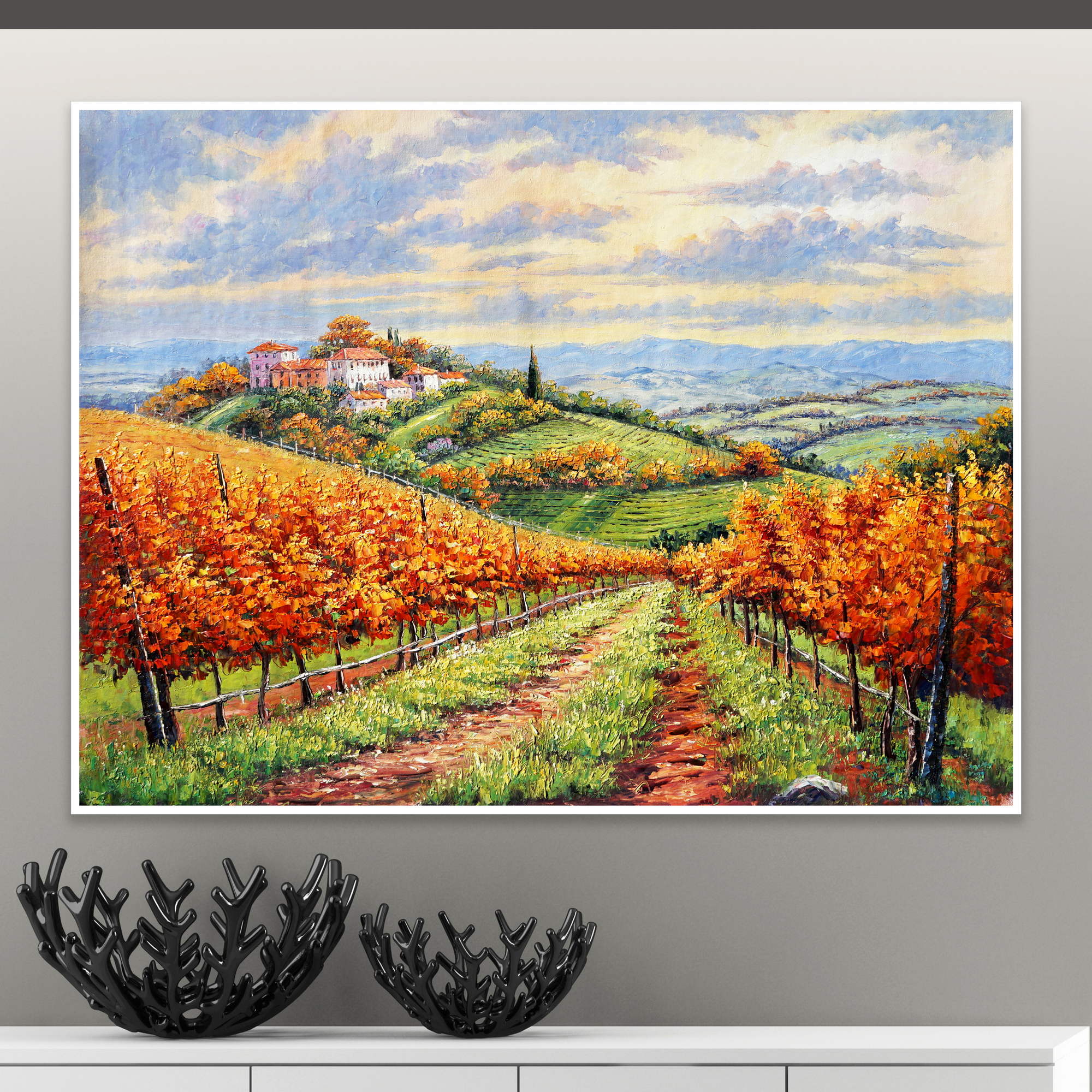 Coucher de soleil en Toscane peint à la main sur les vignes 75x100cm