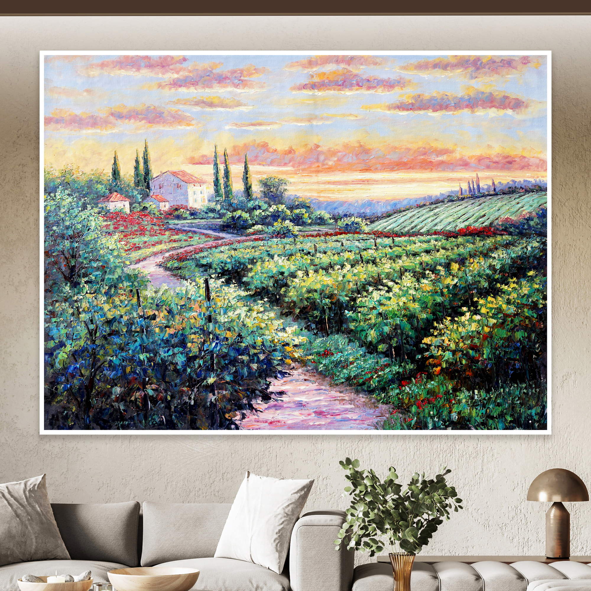 Dipinto a mano Toscana Paesaggio al tramonto 75x100cm