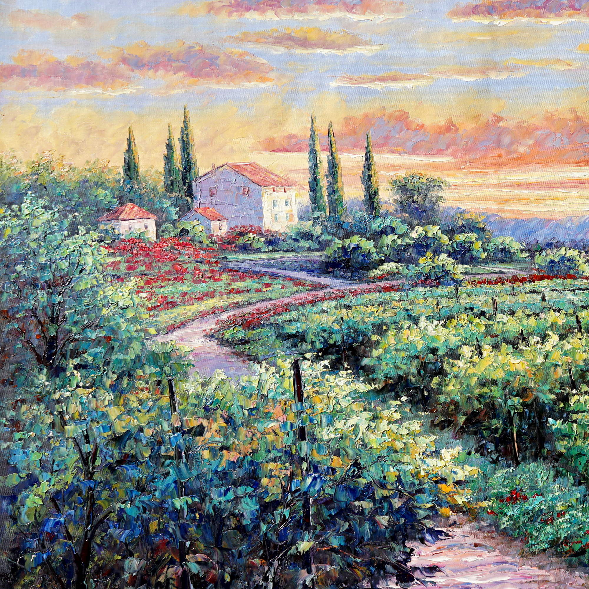 Paysage de Toscane peint à la main au coucher du soleil 75x100cm