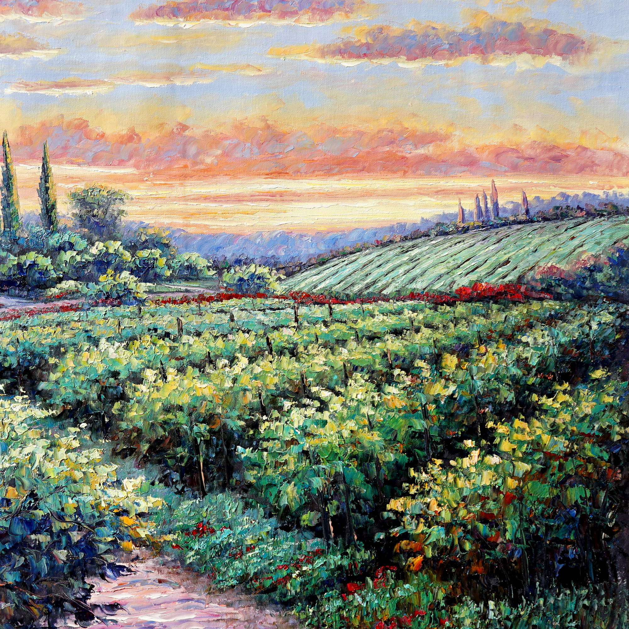 Paysage de Toscane peint à la main au coucher du soleil 75x100cm