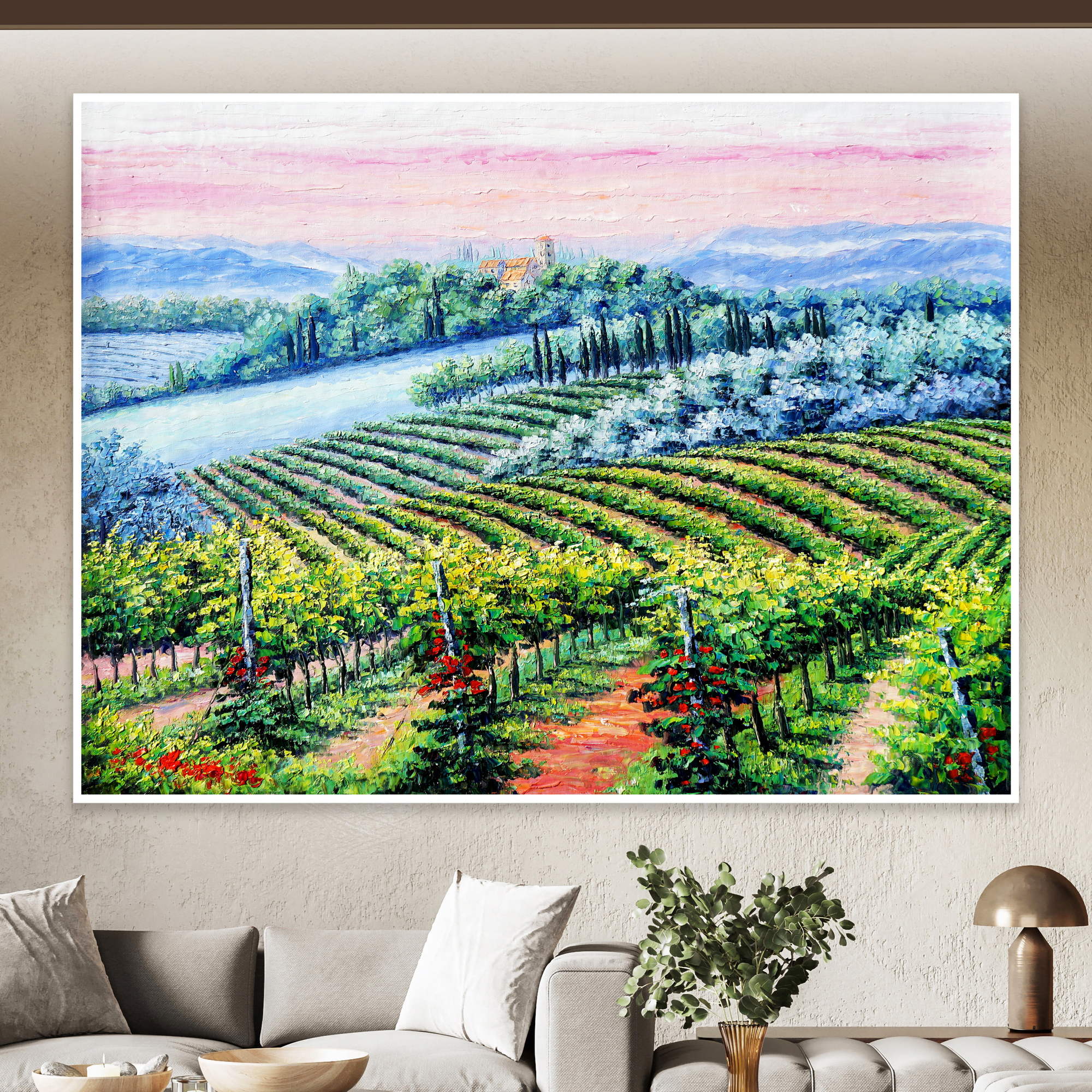 Vignobles peints à la main au coucher du soleil 75x100cm