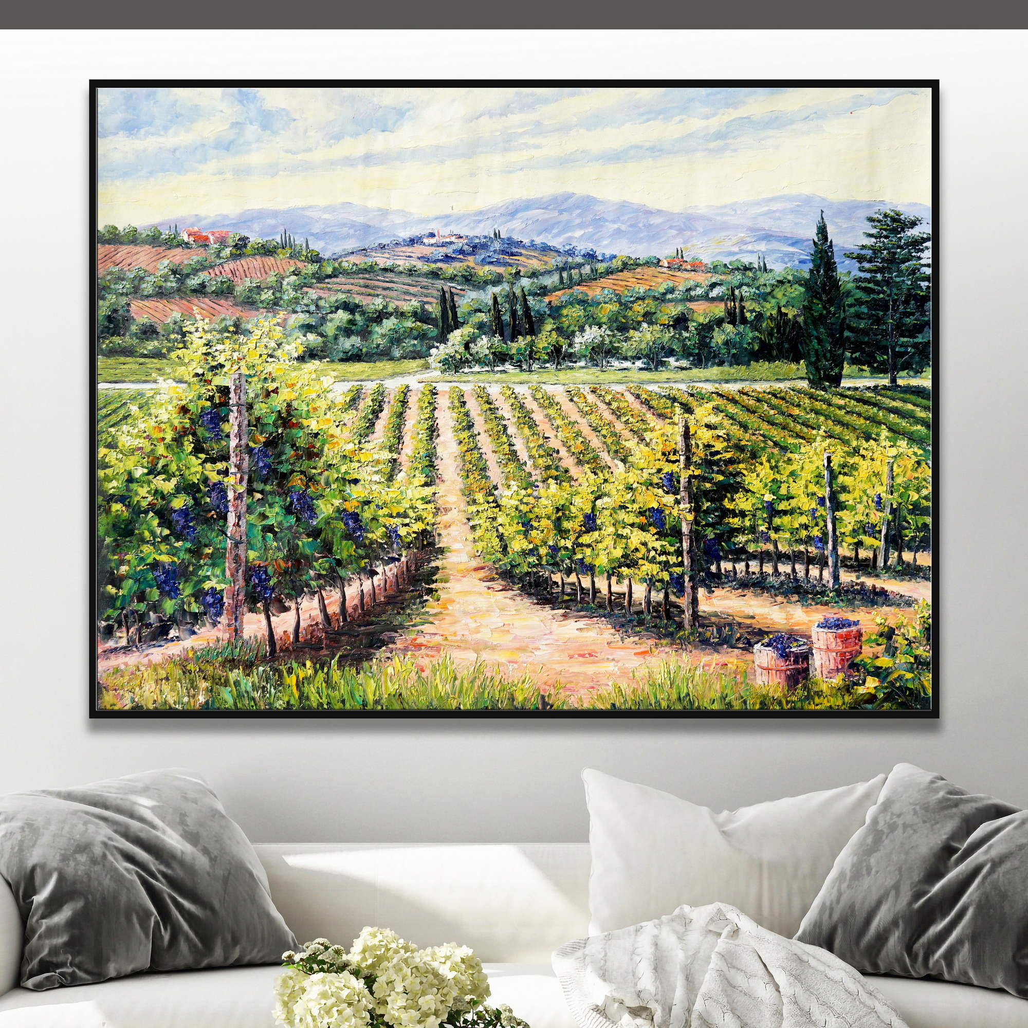 Dipinto di un paesaggio toscano con colline e viti pronte per la vendemmia
