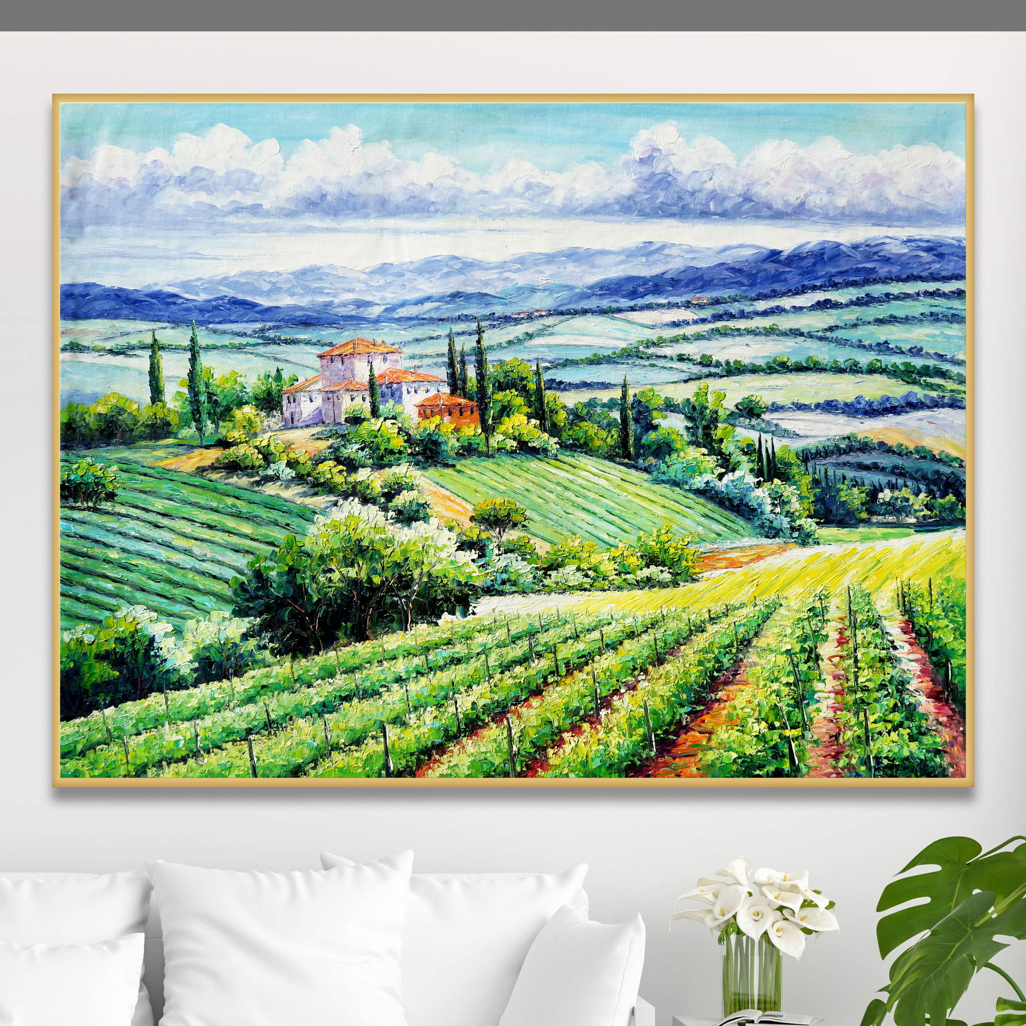 Dipinto di un paesaggio toscano con vigneti e casa colonica