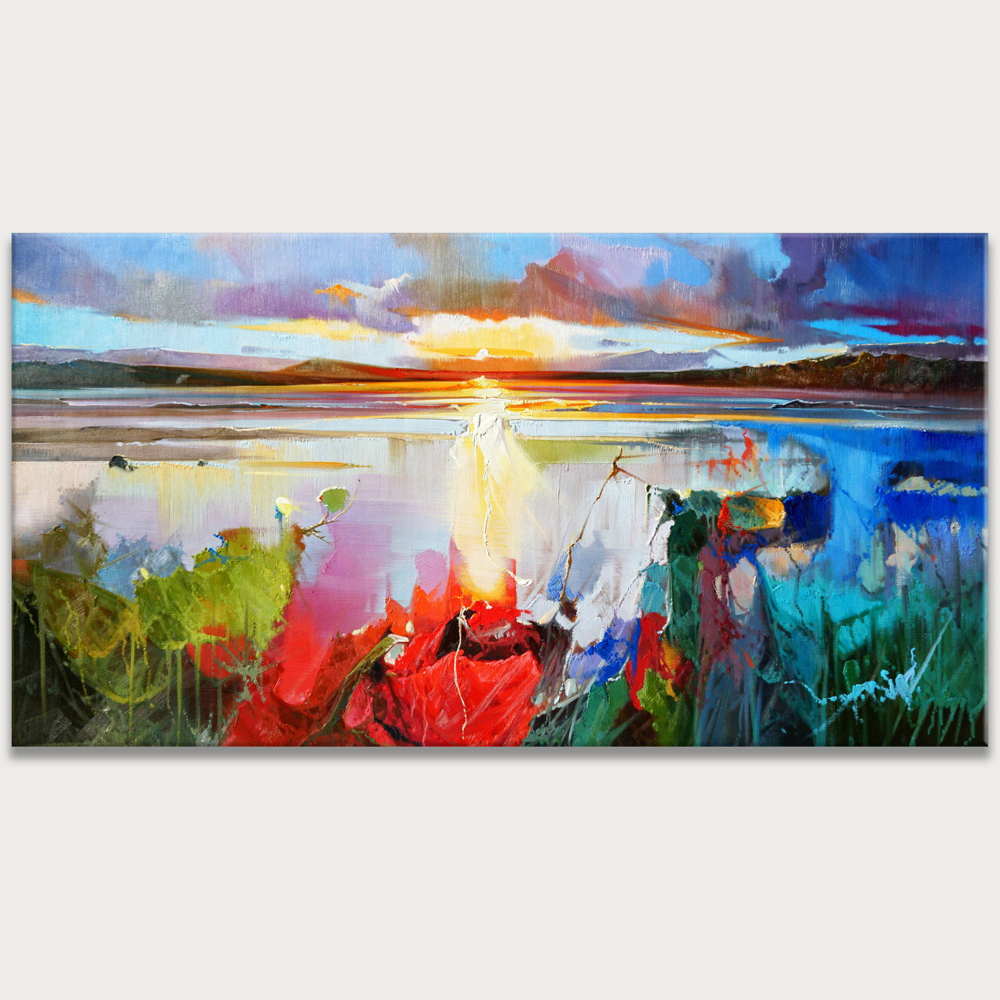 Coucher de soleil abstrait peint à la main 75x150cm