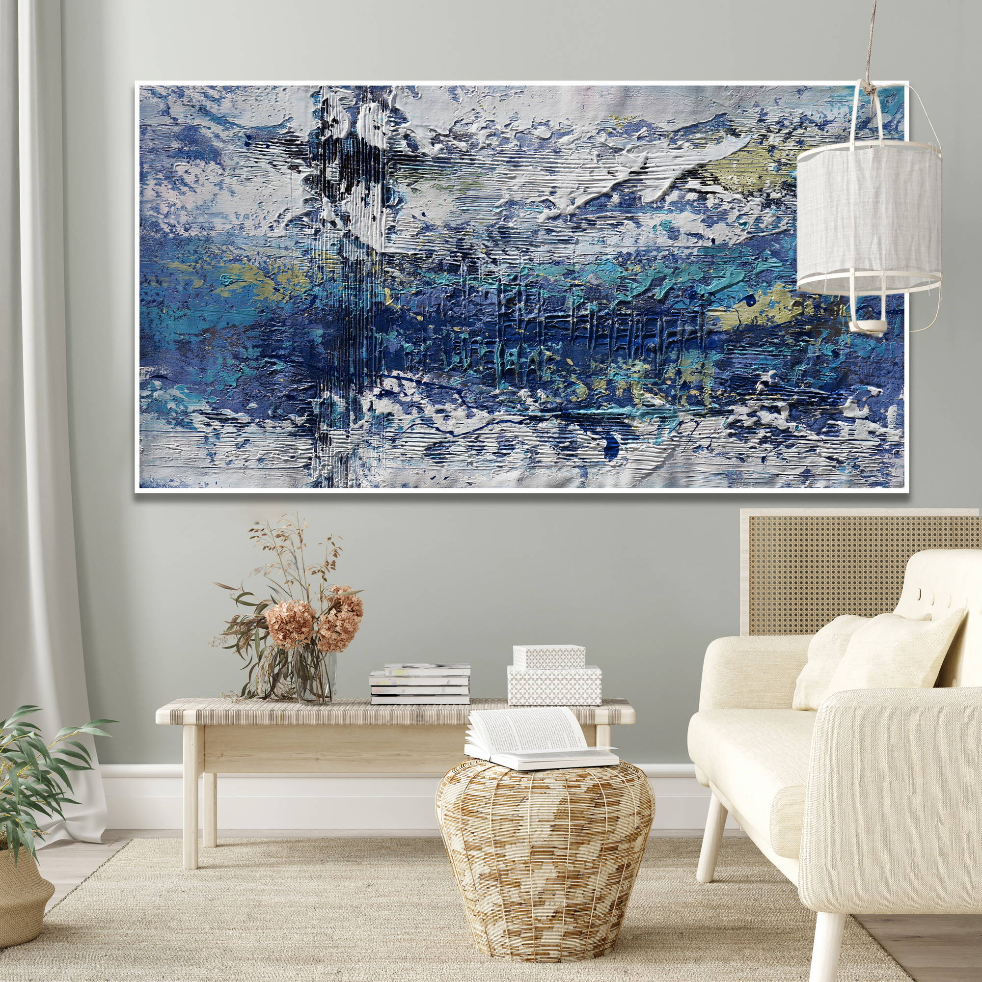 Hand painted Abstract in Blue 75x150cm