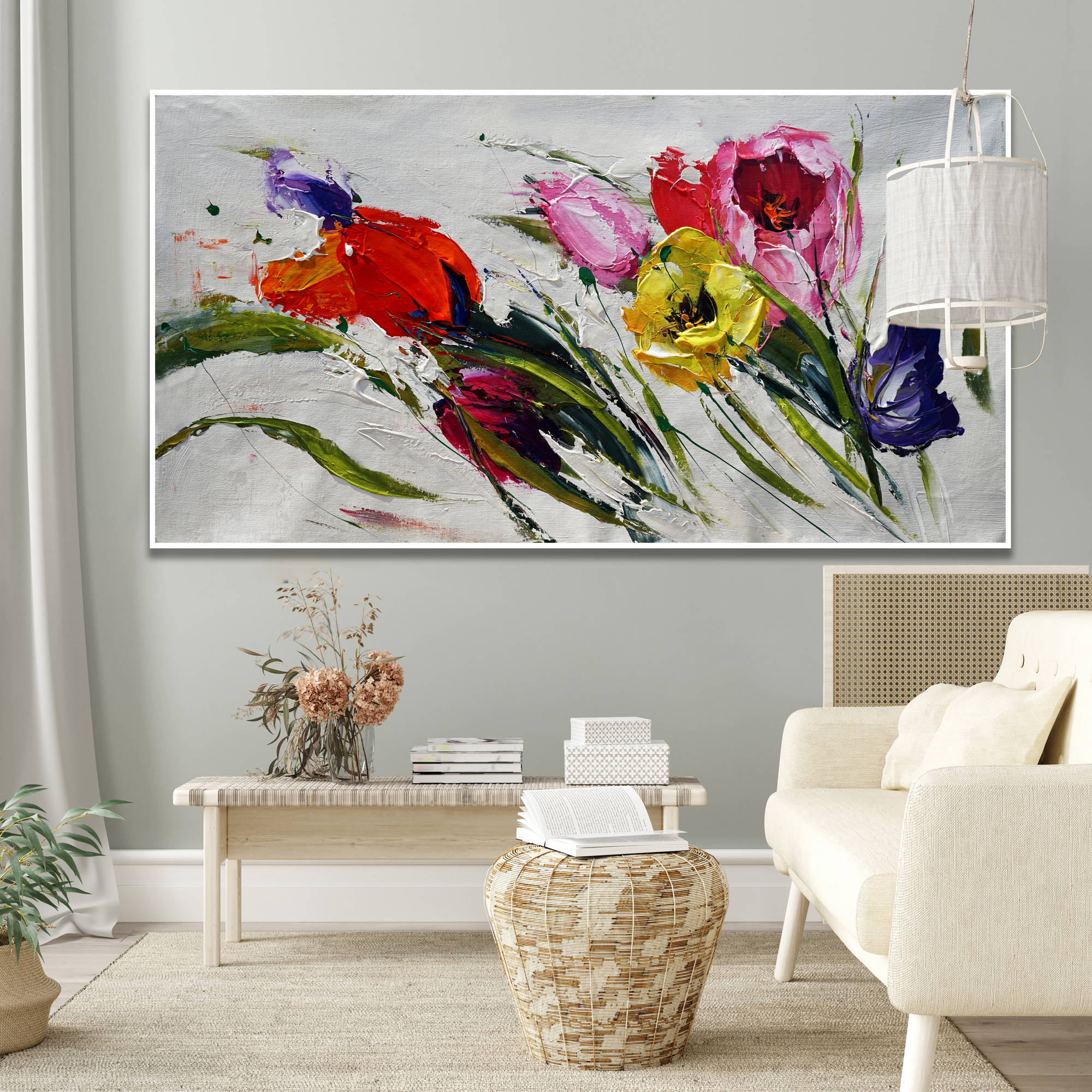 Bouquet de fleurs abstraites colorées peintes à la main 75x150cm
