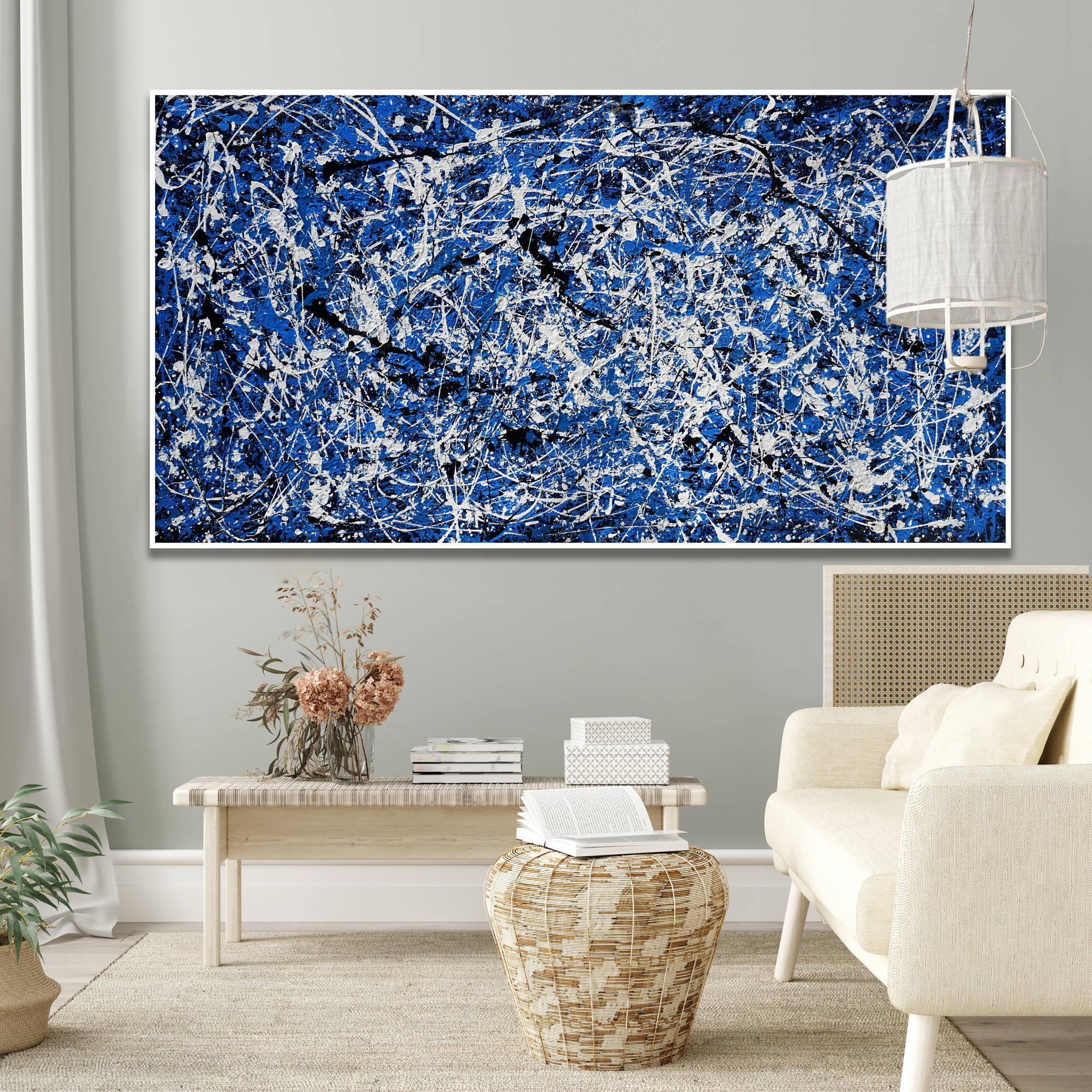 Quadro astratto con linee bianche su sfondo blu, stile Pollock