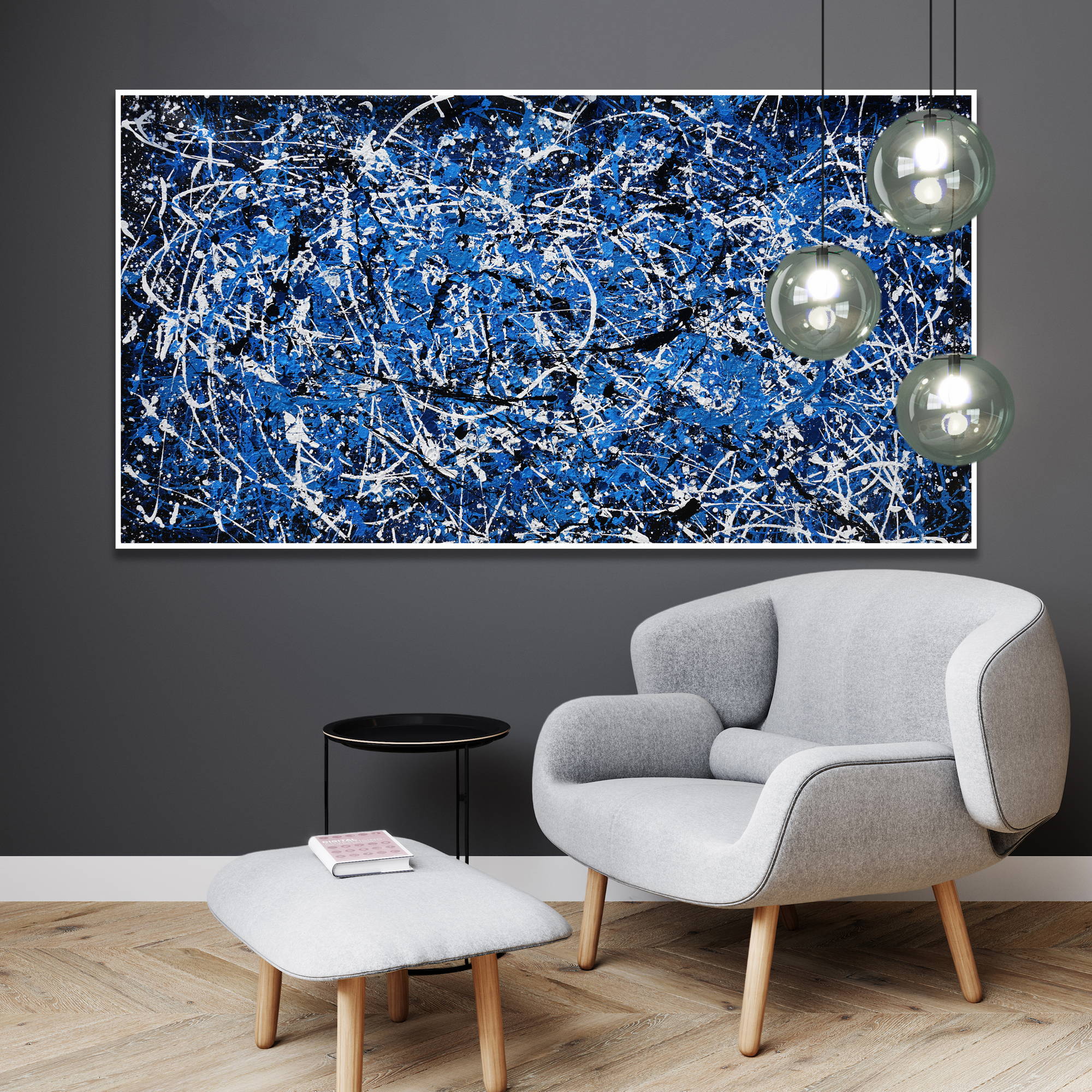 Dipinto astratto con linee bianche su sfondo blu, stile Pollock