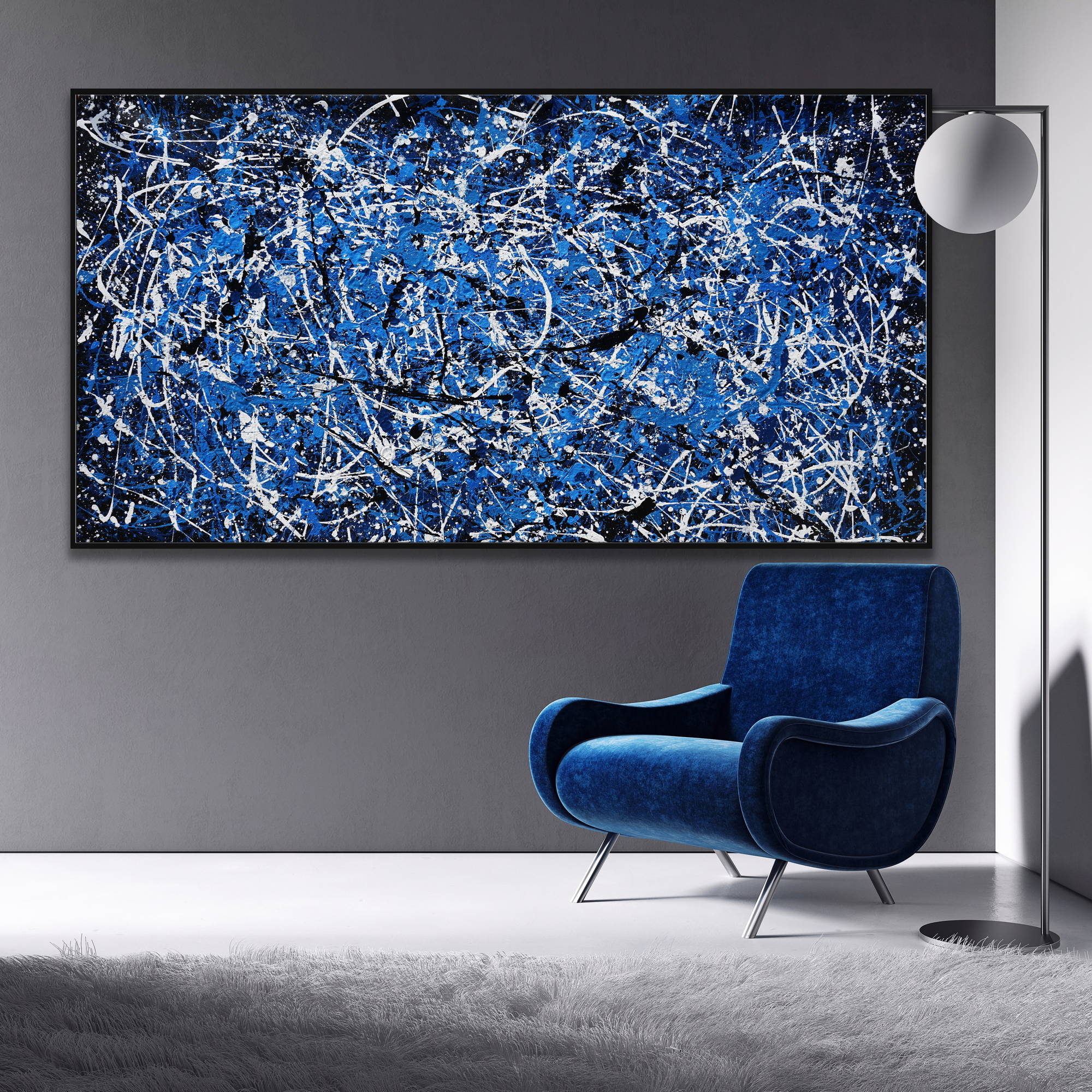 Dipinto a mano Astratto Blu e Bianco Stile Pollock 75x150cm