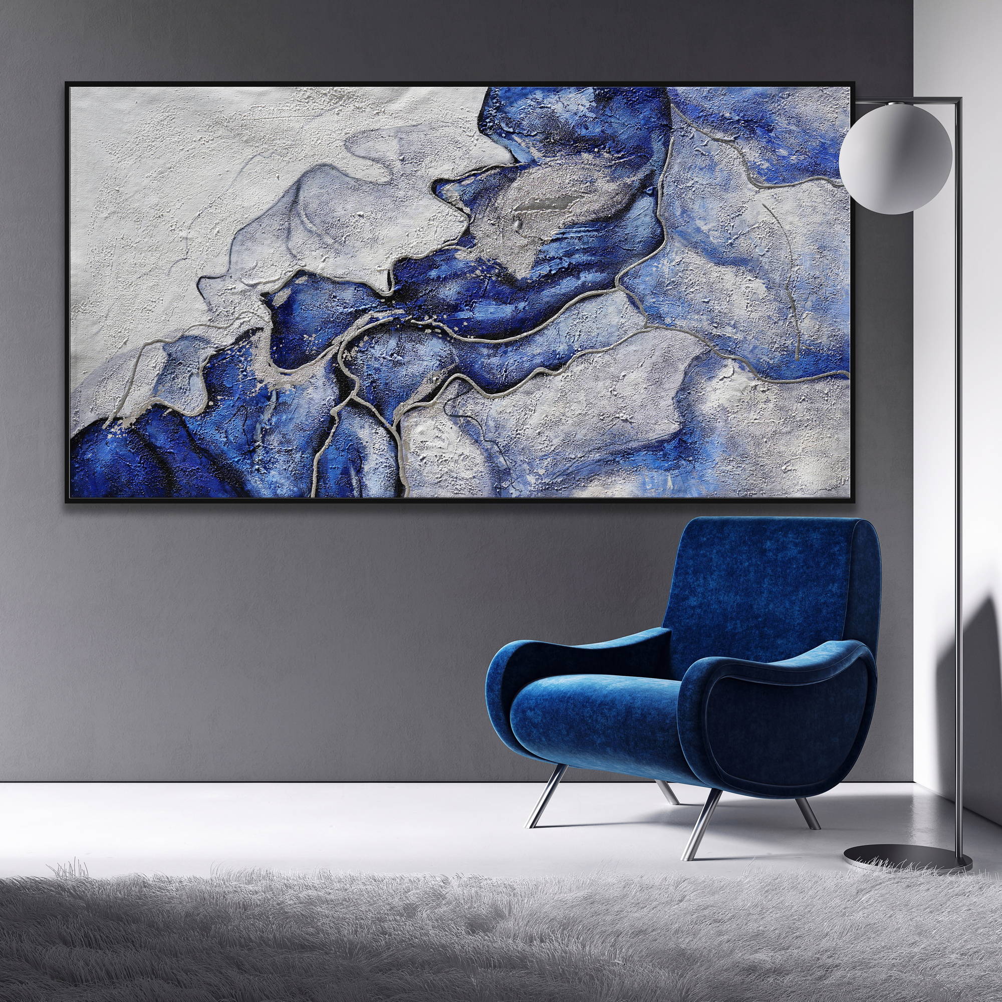 Dipinto astratto con blu e grigio, mare in tempesta