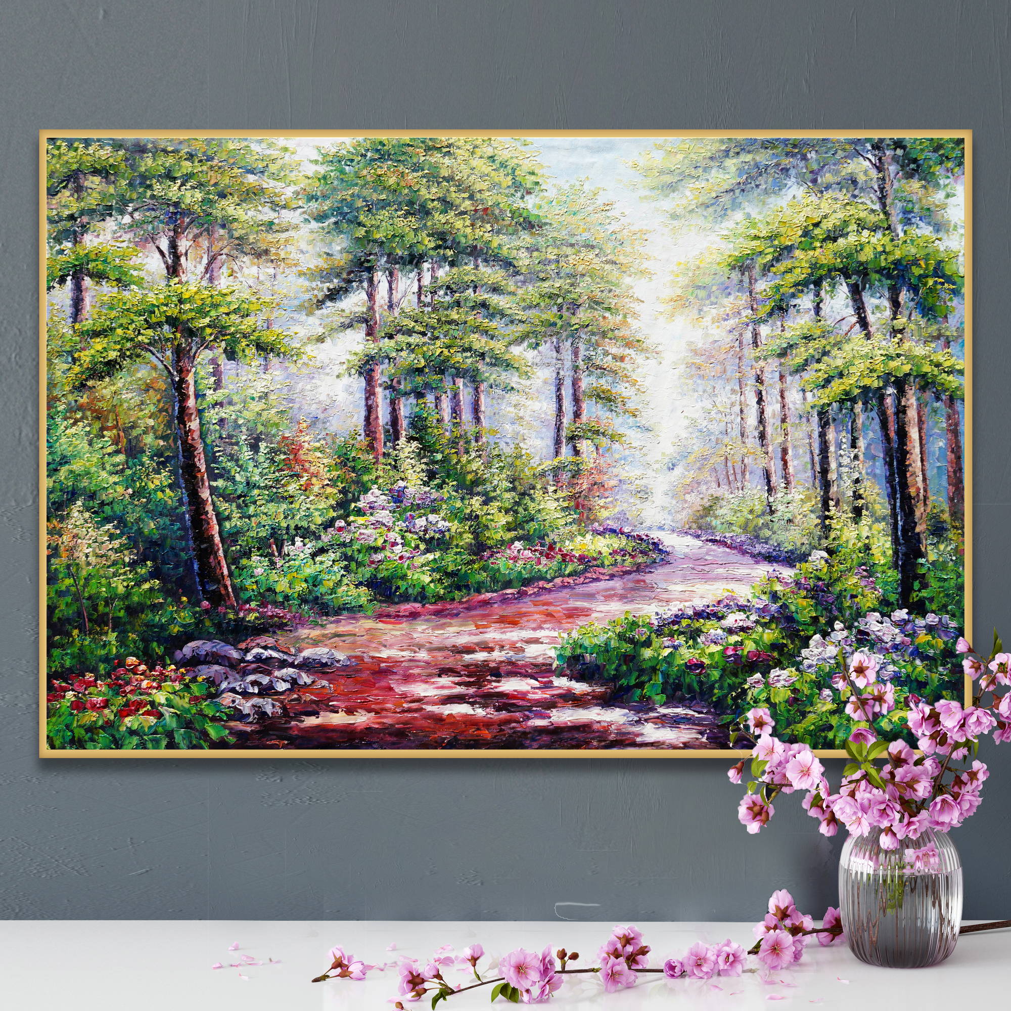 Dipinto di un paesaggio nel bosco con sentiero e fiori