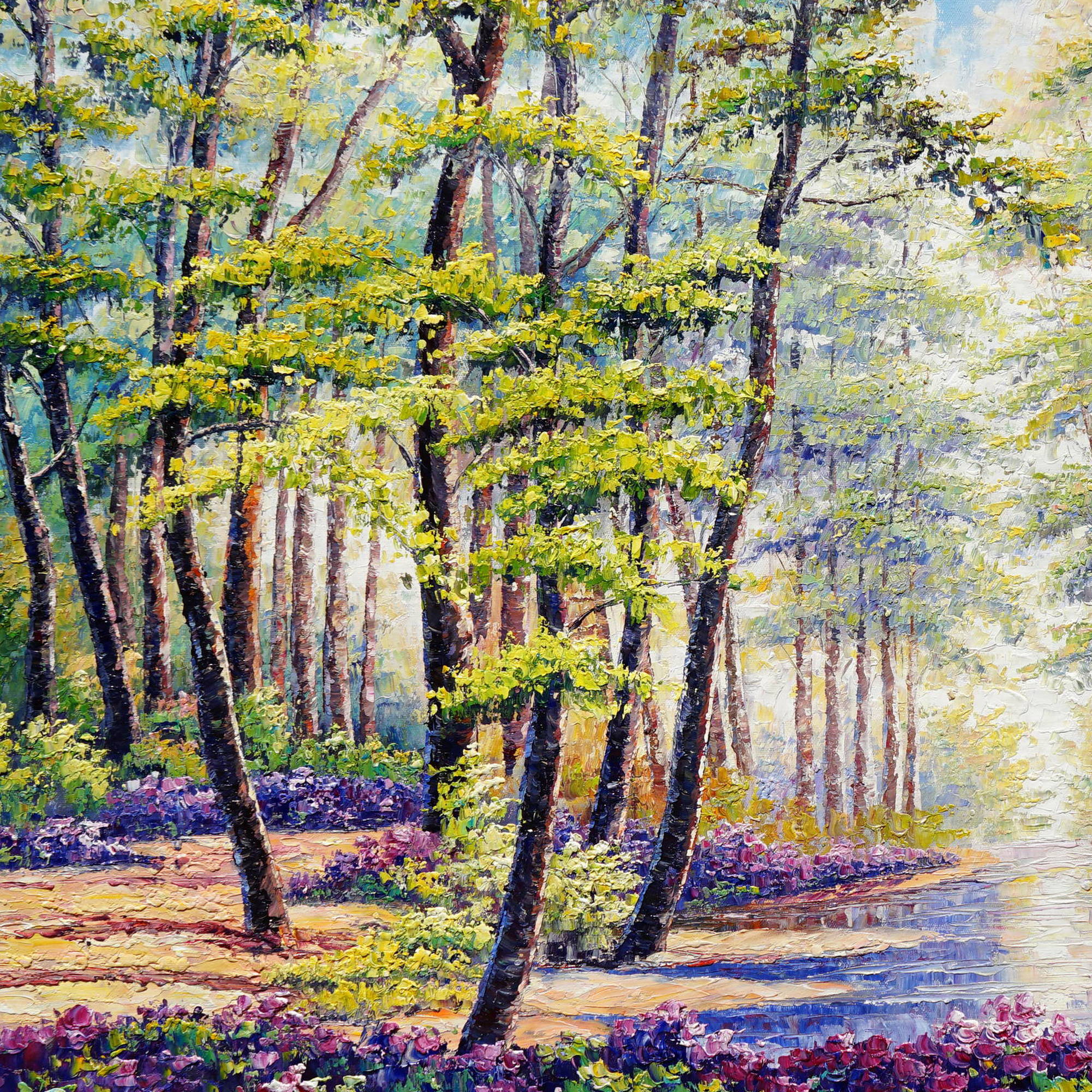 Forêt enchantée peinte à la main avec ruisseau 80x120cm