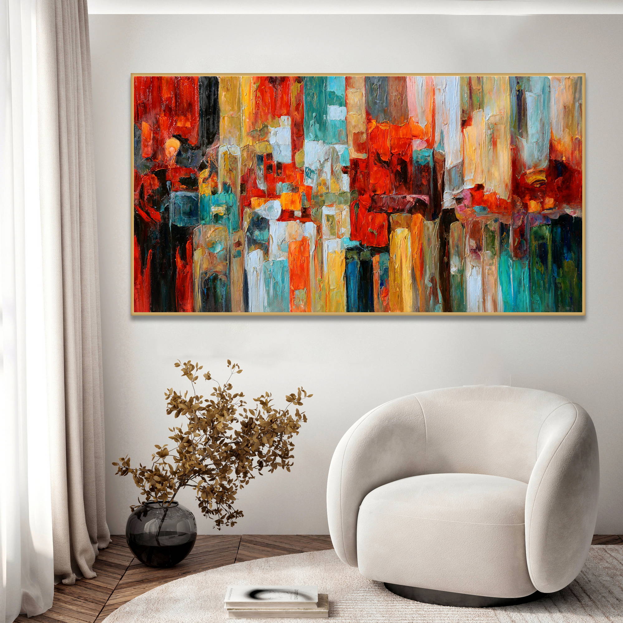 Hand painted Abstract Modern Bright colors 90x180cm