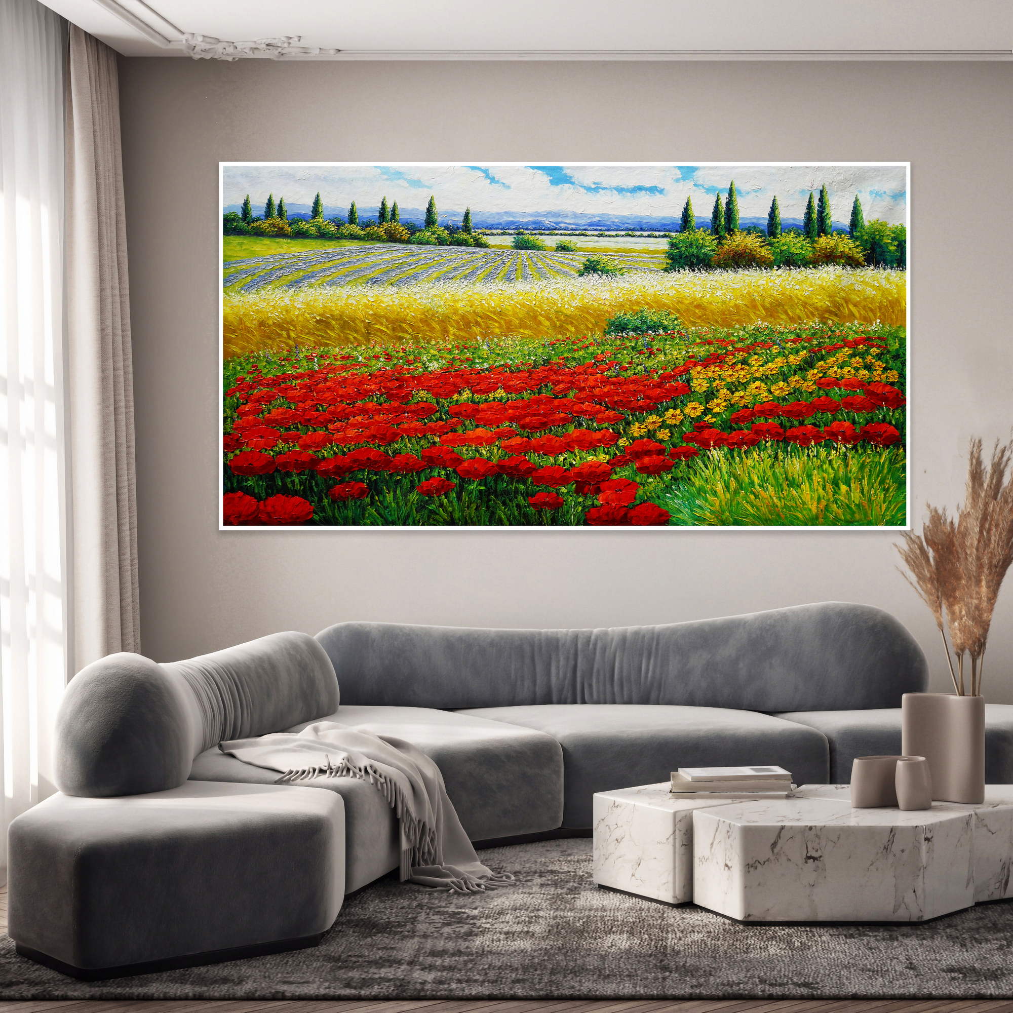 Paysage champêtre peint à la main avec coquelicots 90x180cm