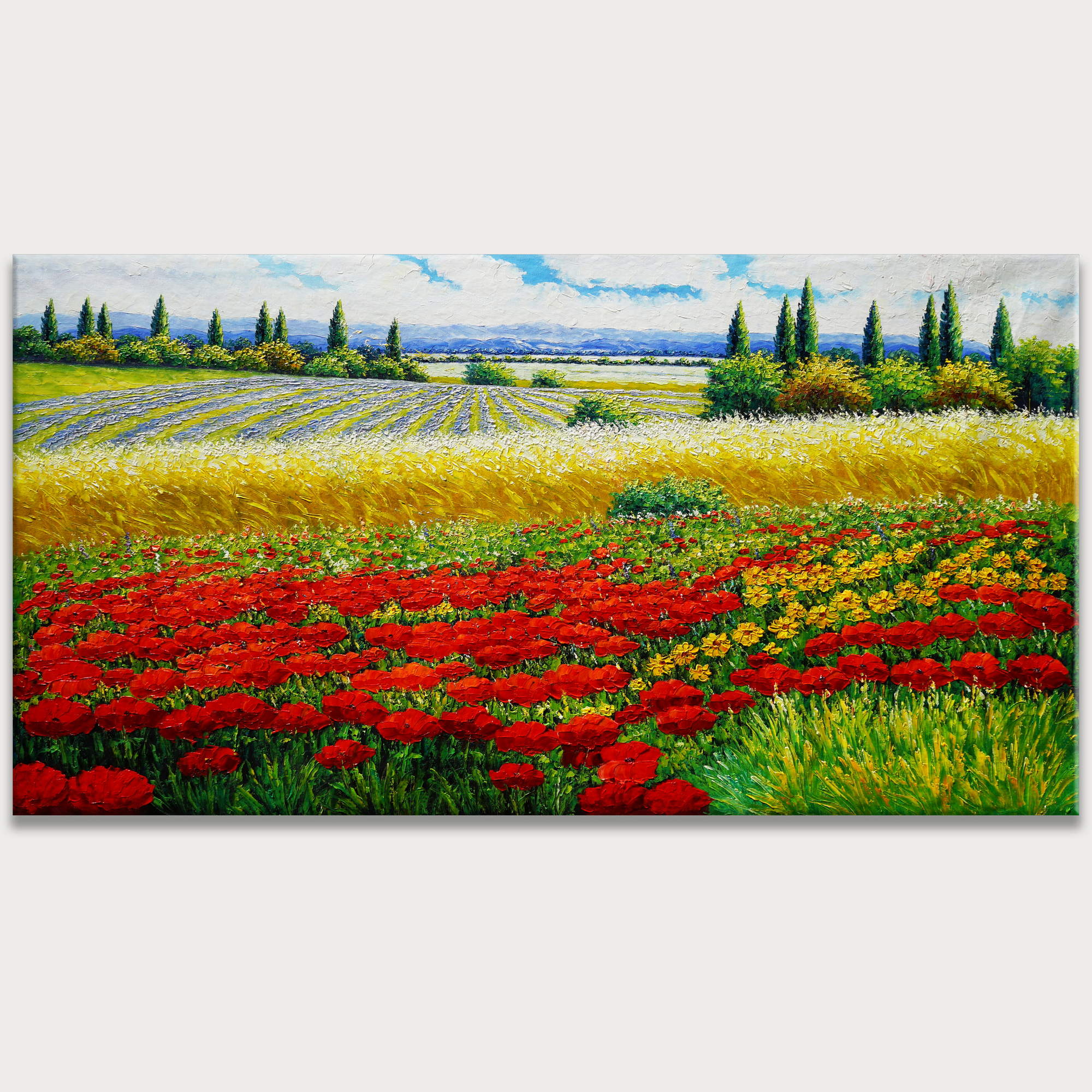 Hand painted Country landscape with poppies 90x180cm