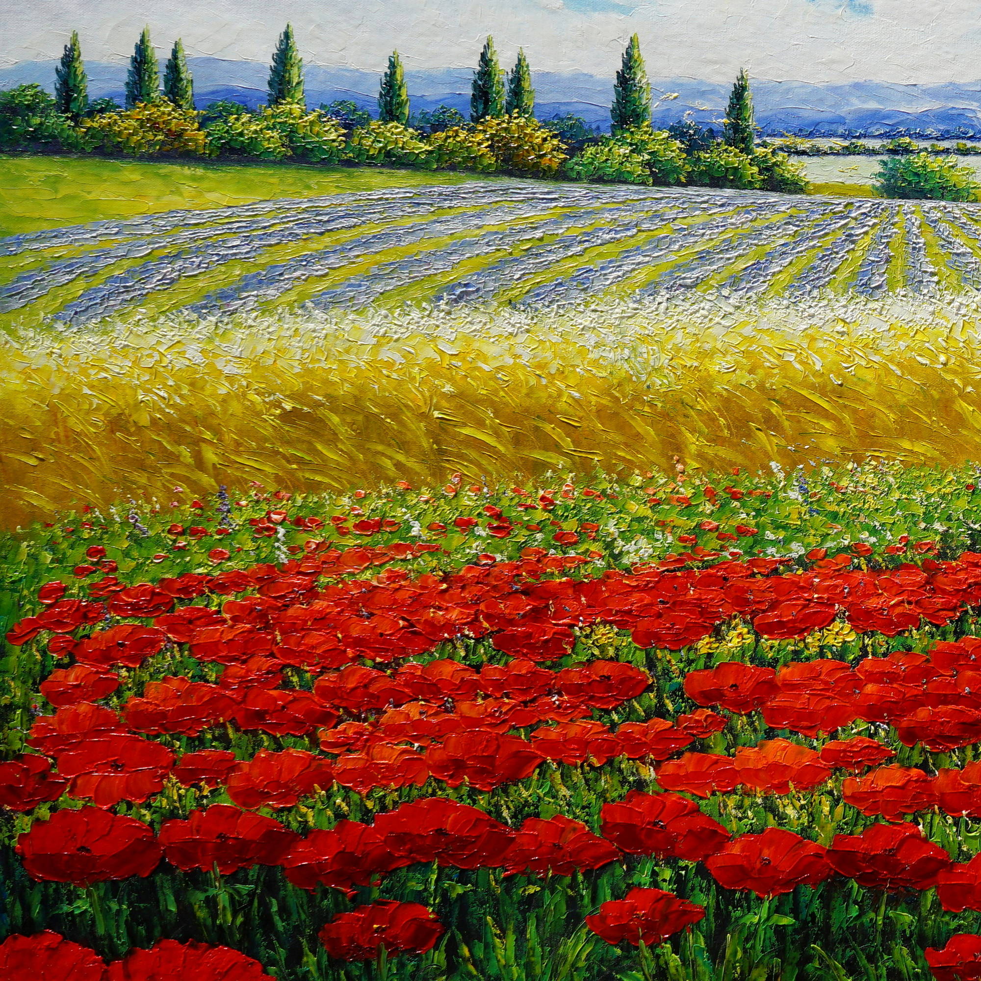 Hand painted Country landscape with poppies 90x180cm