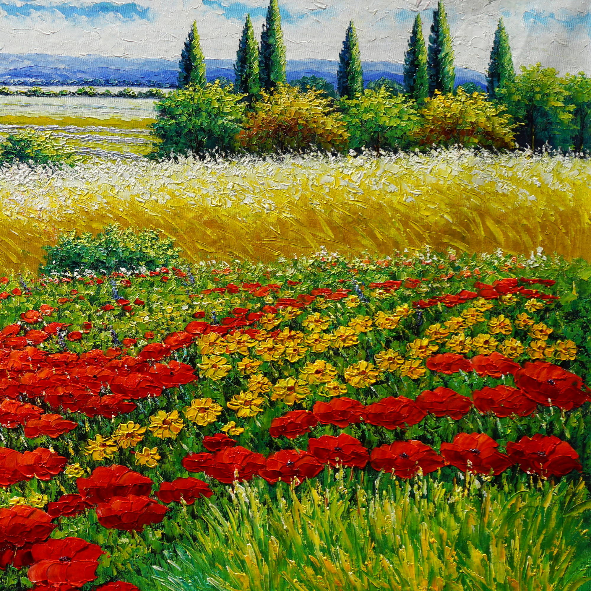 Paysage champêtre peint à la main avec coquelicots 90x180cm