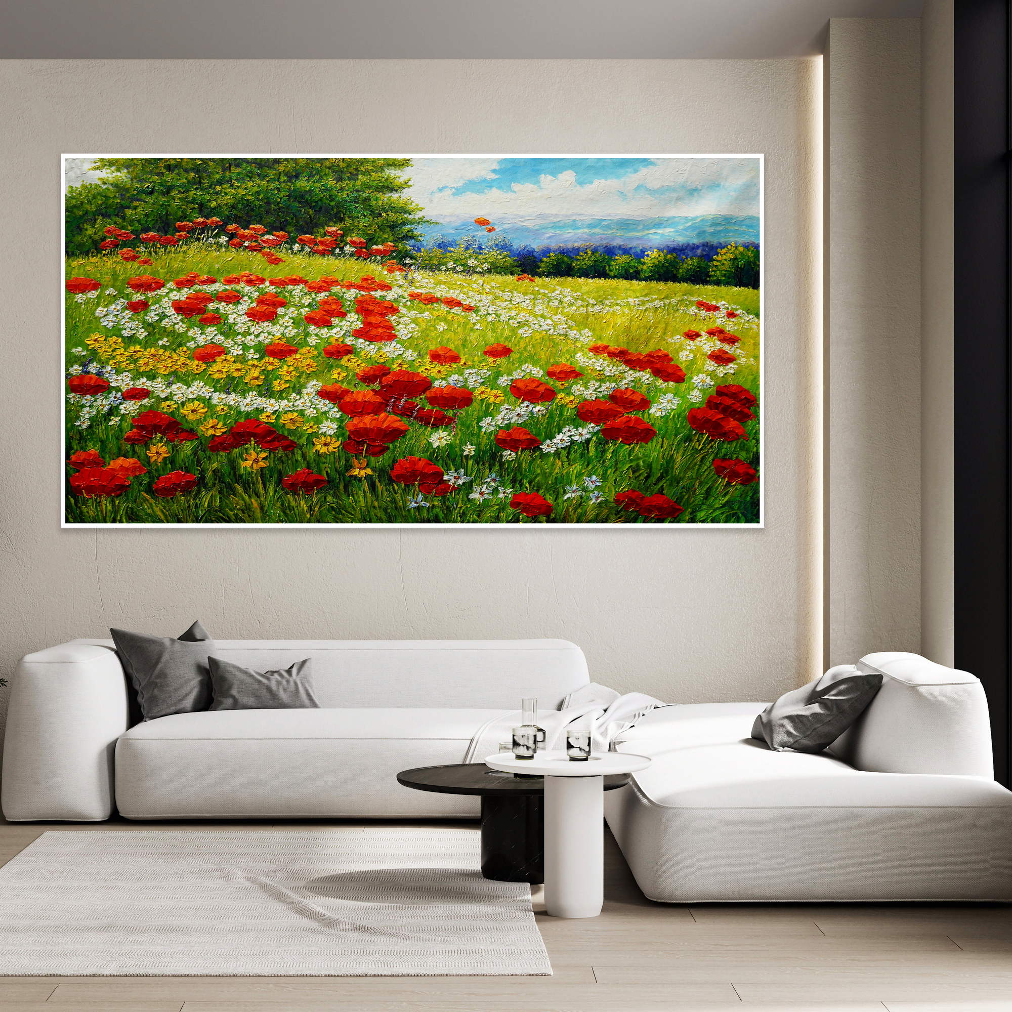 Prairie fleurie sur la colline Coquelicots peinte à la main 90x180cm