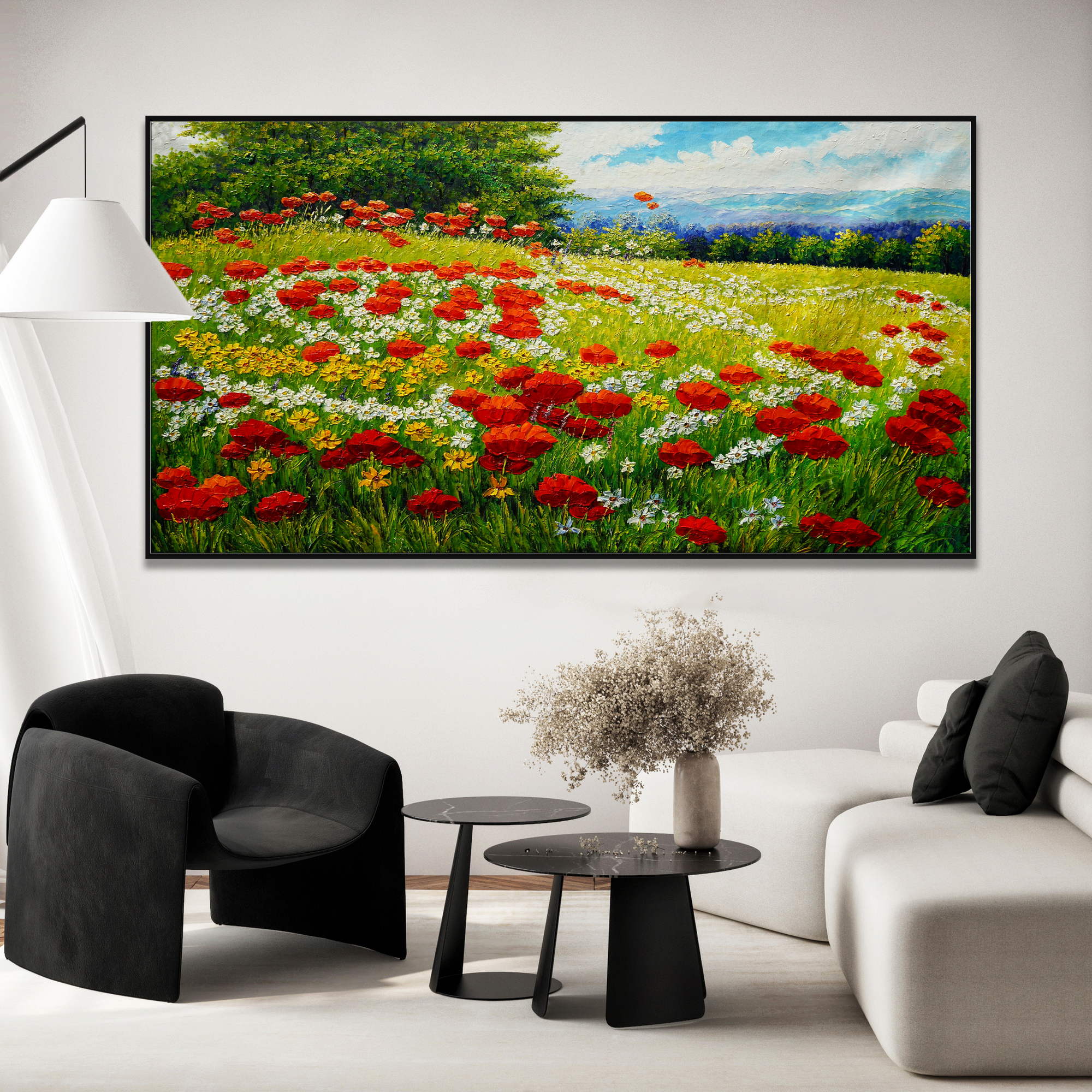 Hand painted Flowering meadow on the hill Poppies 90x180cm
