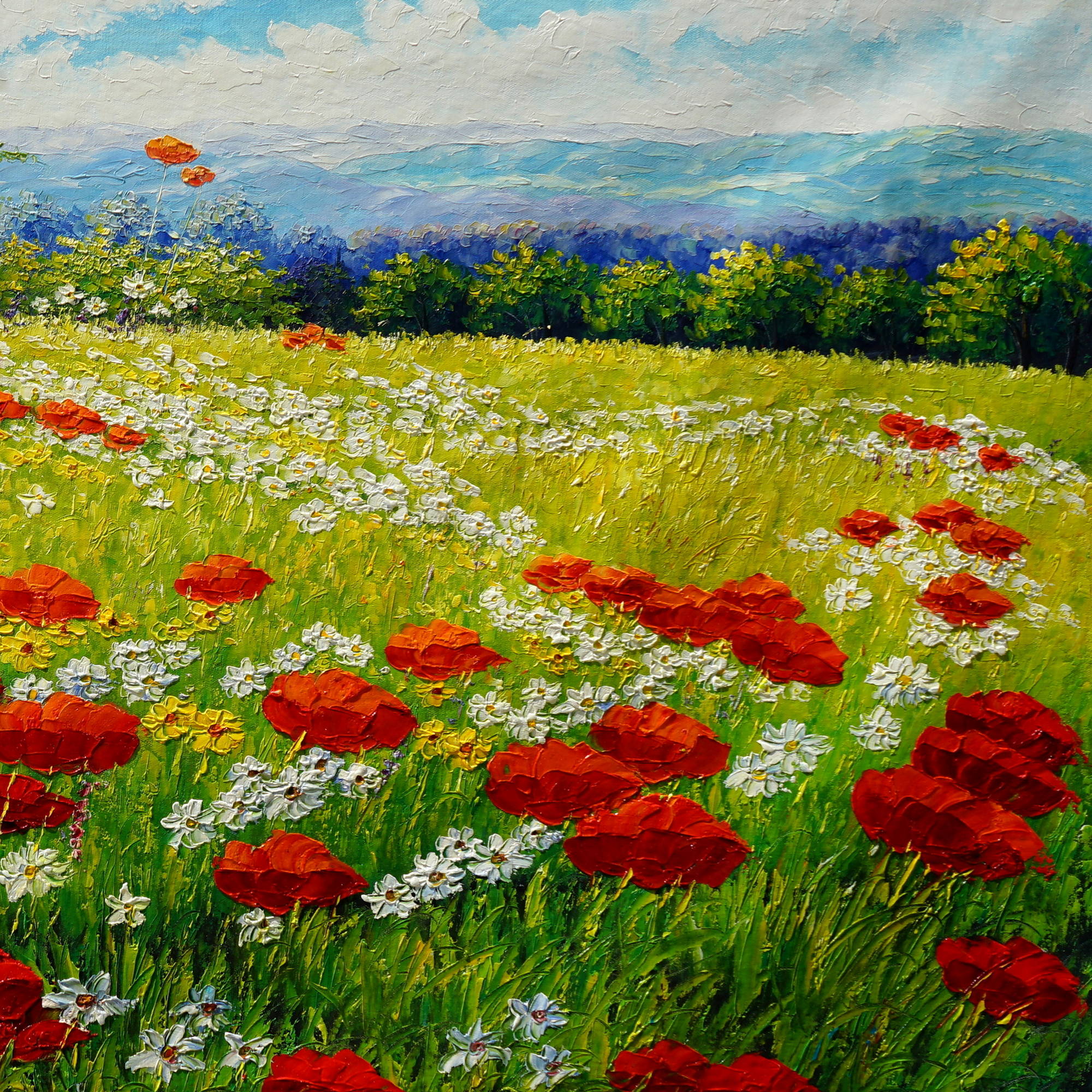 Hand painted Flowering meadow on the hill Poppies 90x180cm