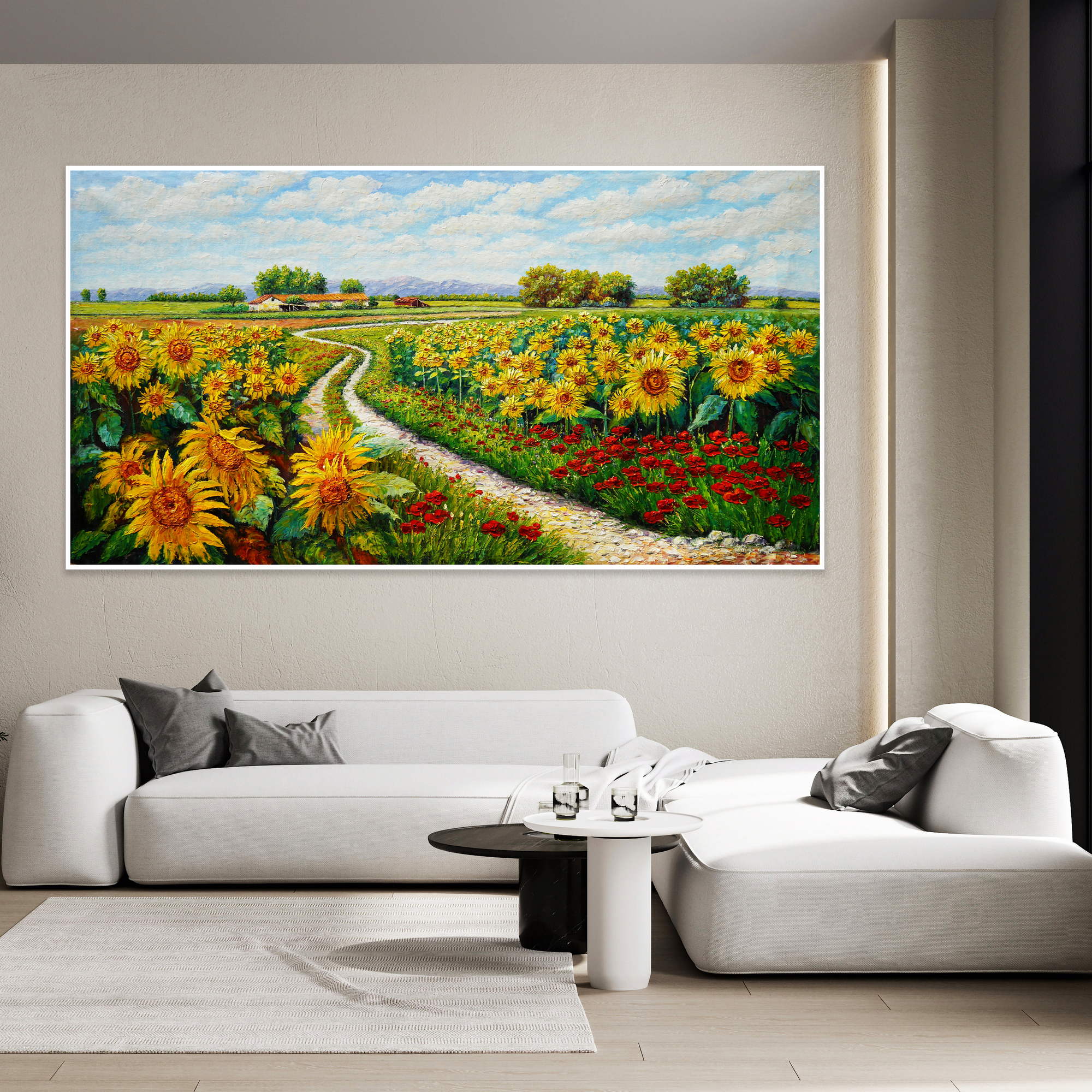 Dipinto a mano Paesaggio con girasoli e papaveri 90x180cm