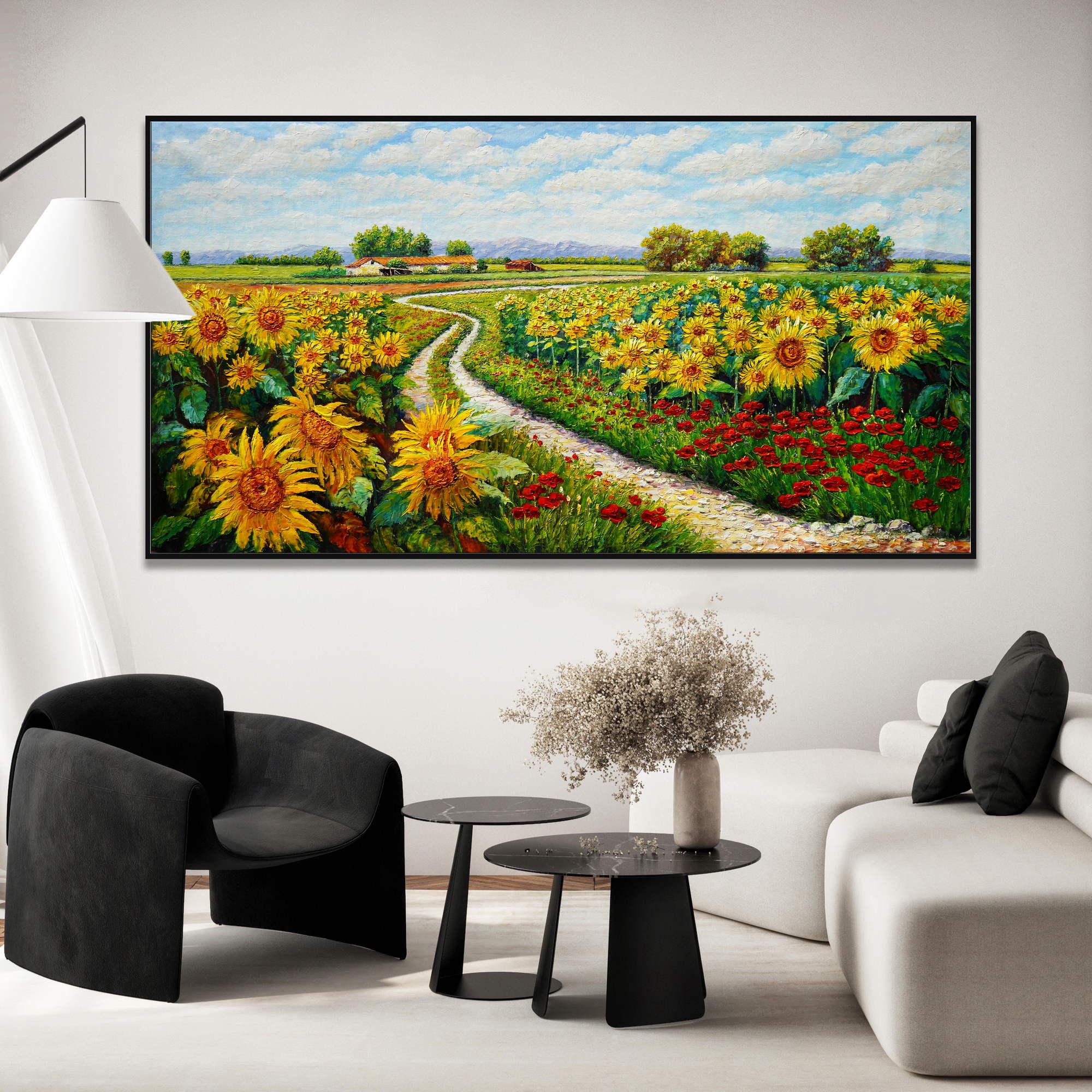 Hand painted Landscape with sunflowers and poppies 90x180cm