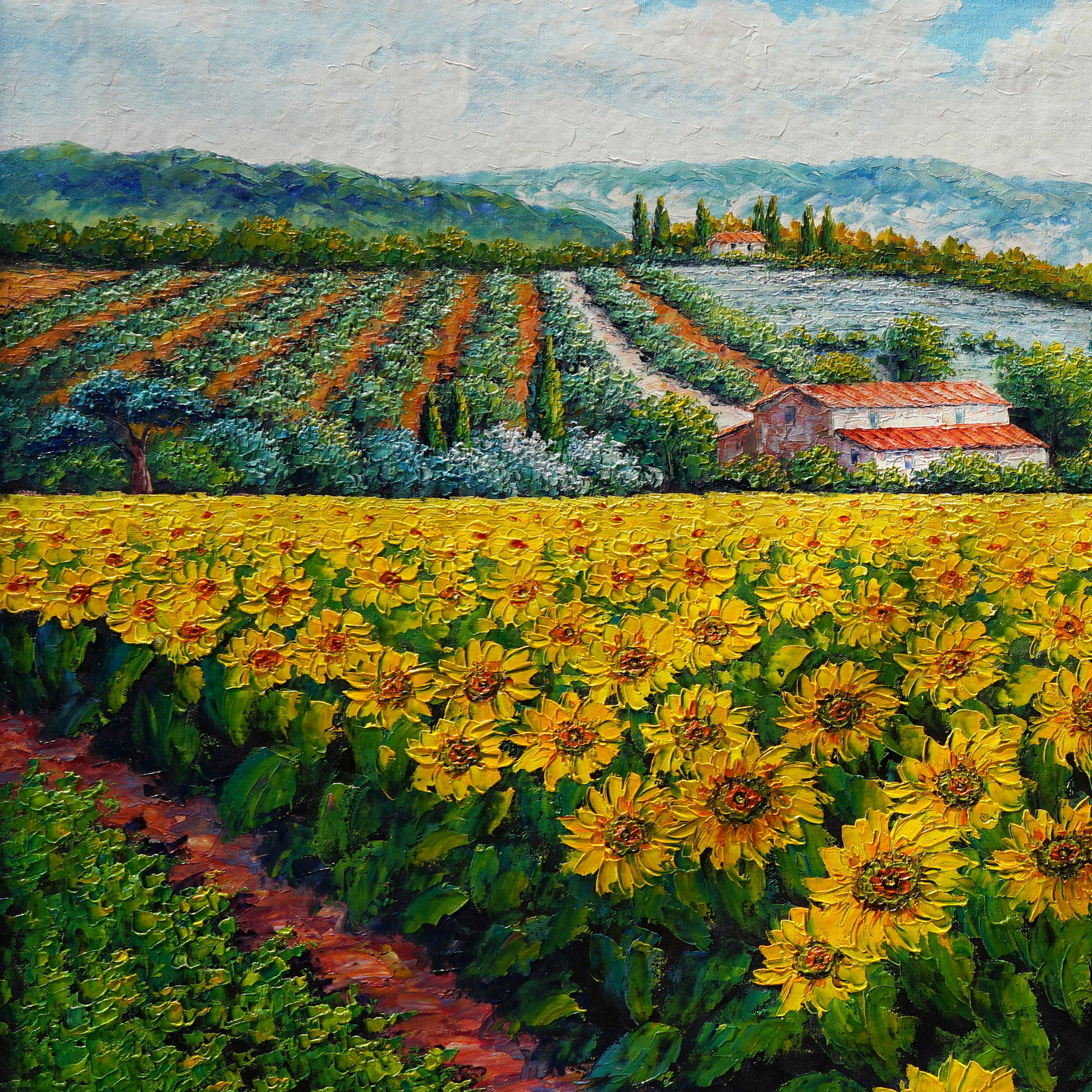 Hand painted Sunflower Fields and Seascape 90x180cm