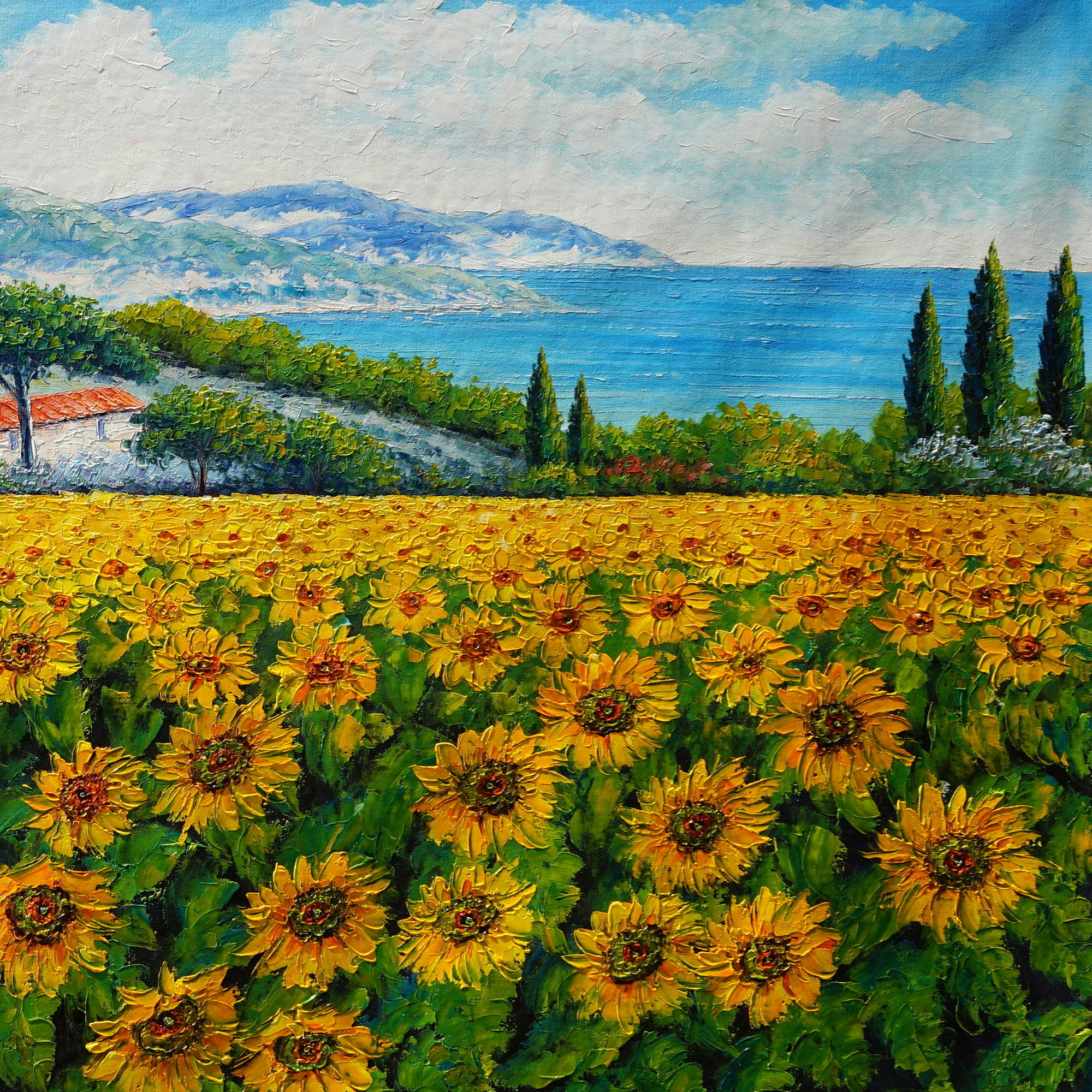 Dipinto a mano Campi di Girasoli e Paesaggio Marino 90x180cm