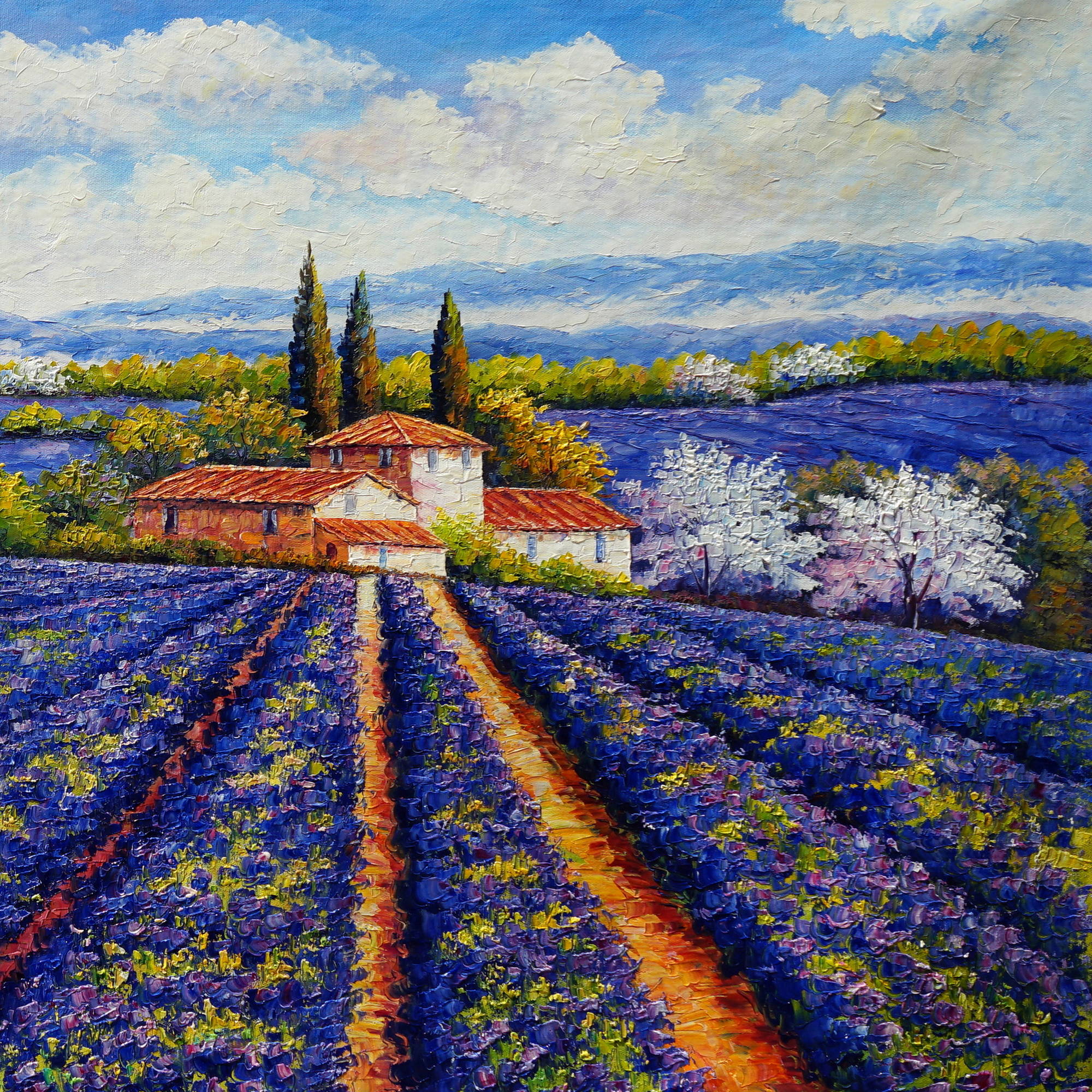 Nature Hills en fleurs Lavande peinte à la main 90x180cm