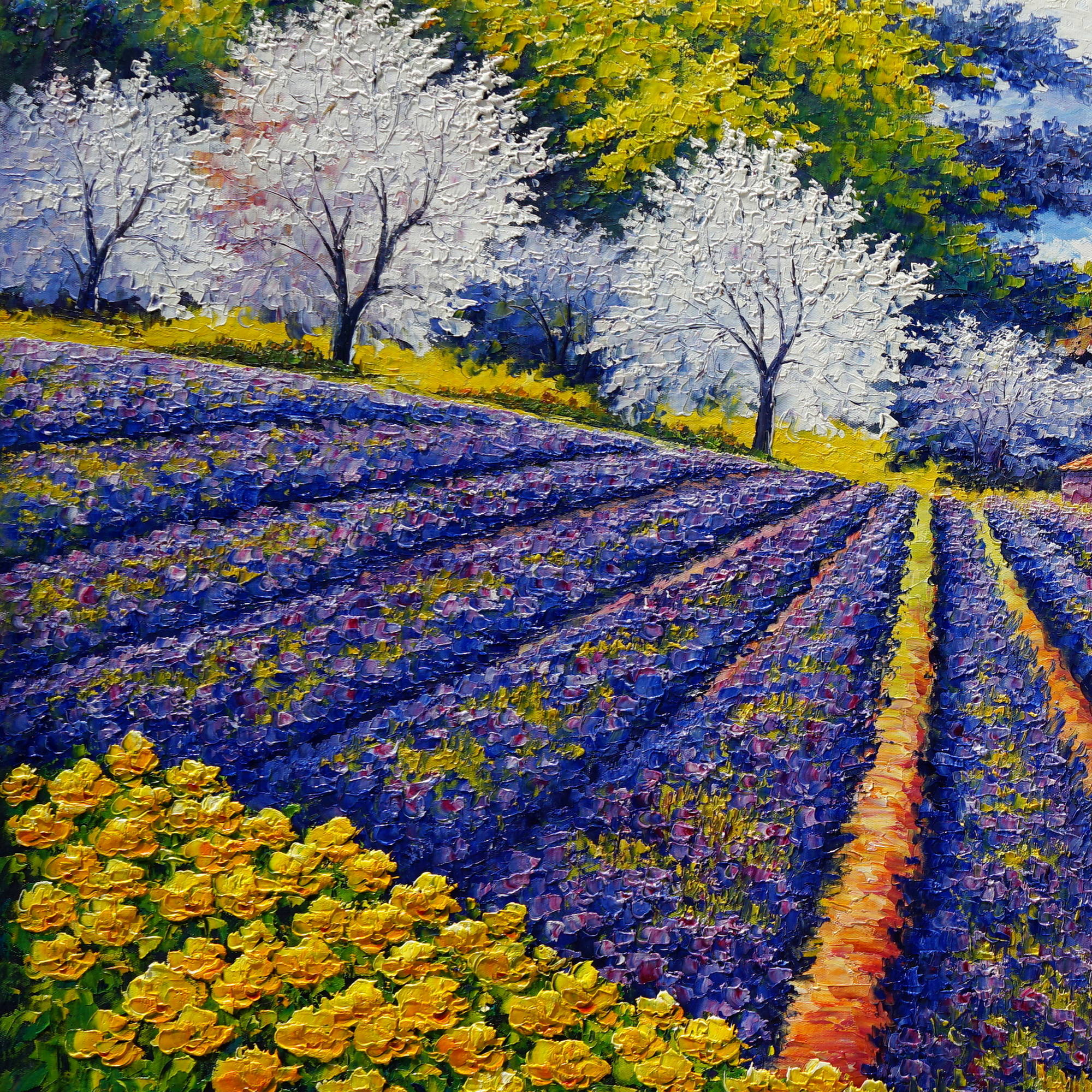 Dipinto a mano Natura Colline in fiore Lavanda Mare 90x180cm