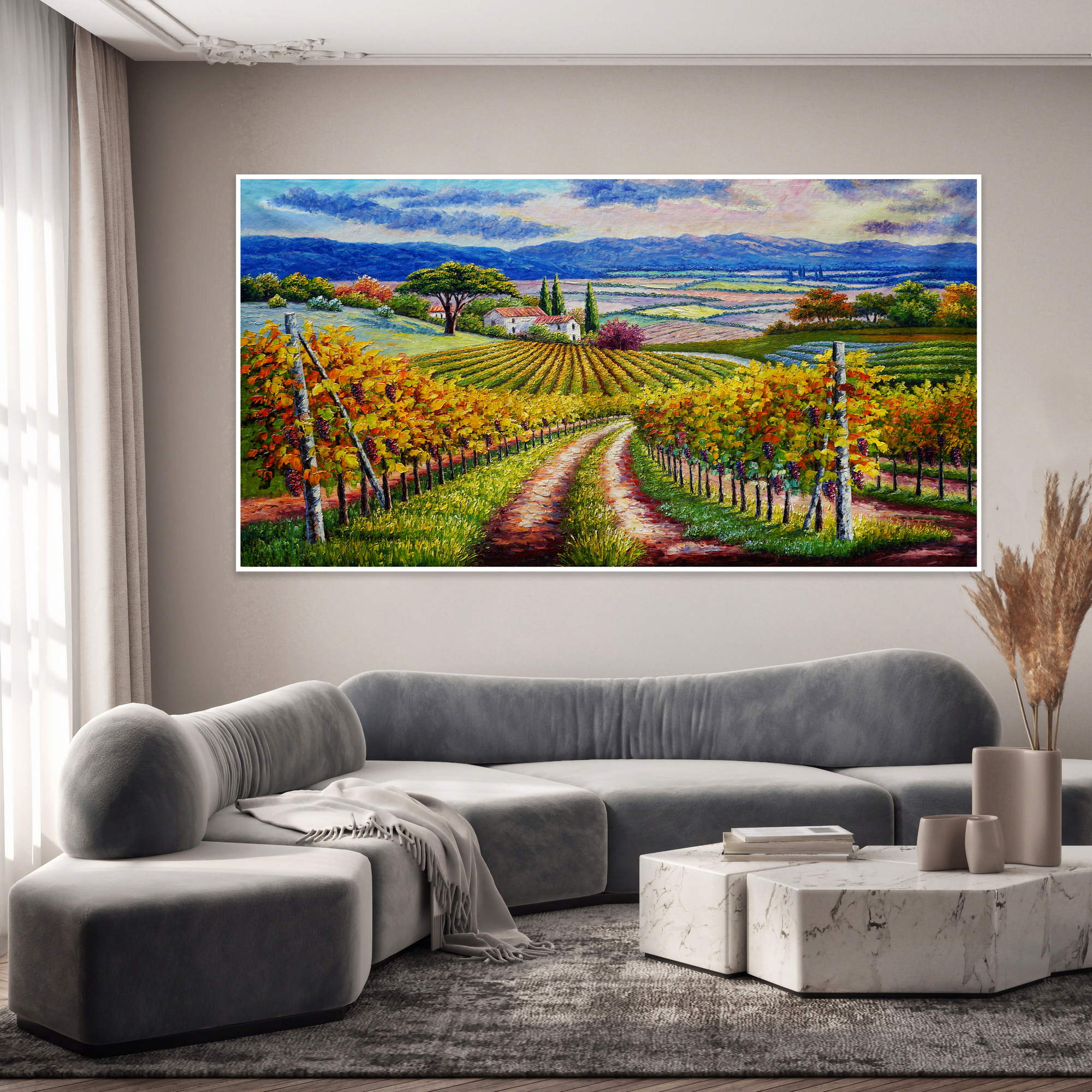 Vignobles peints à la main sur les collines toscanes 90x180cm