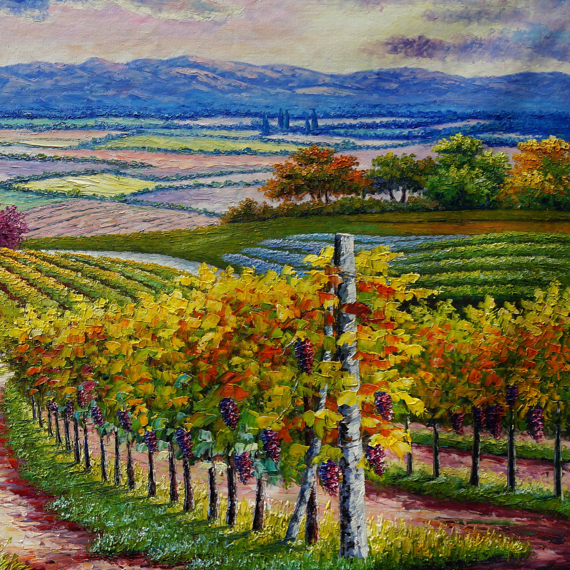 Vignobles peints à la main sur les collines toscanes 90x180cm