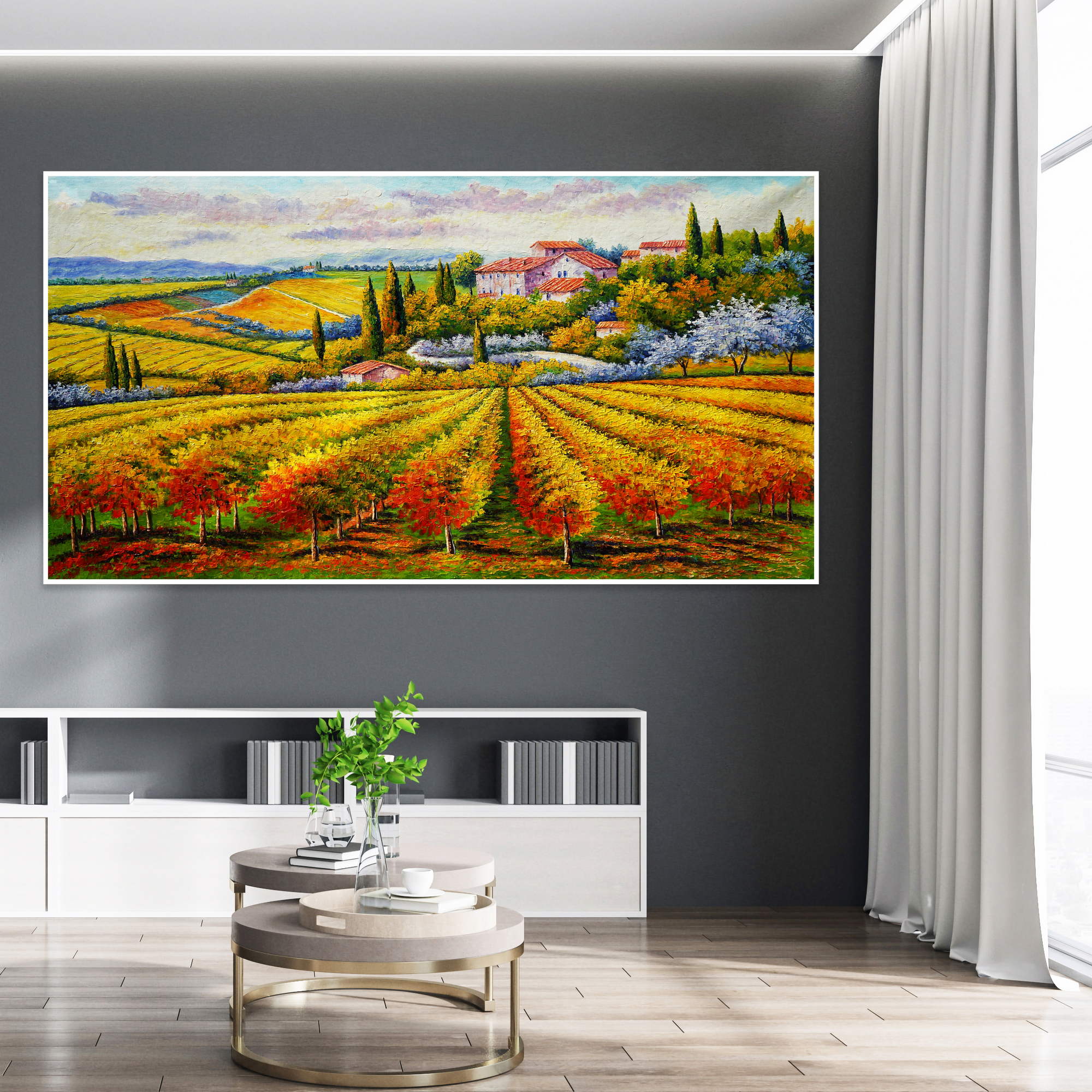 Paysage toscan peint à la main Collines d'automne 90x180cm