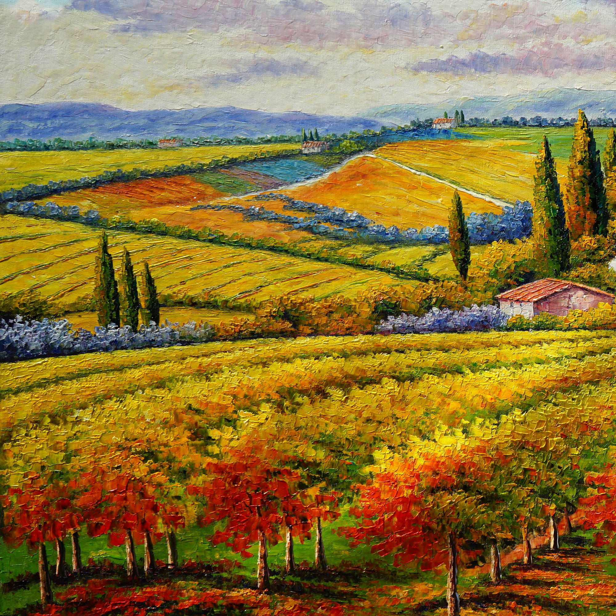 Hand painted Tuscan Landscape Autumn Hills 90x180cm