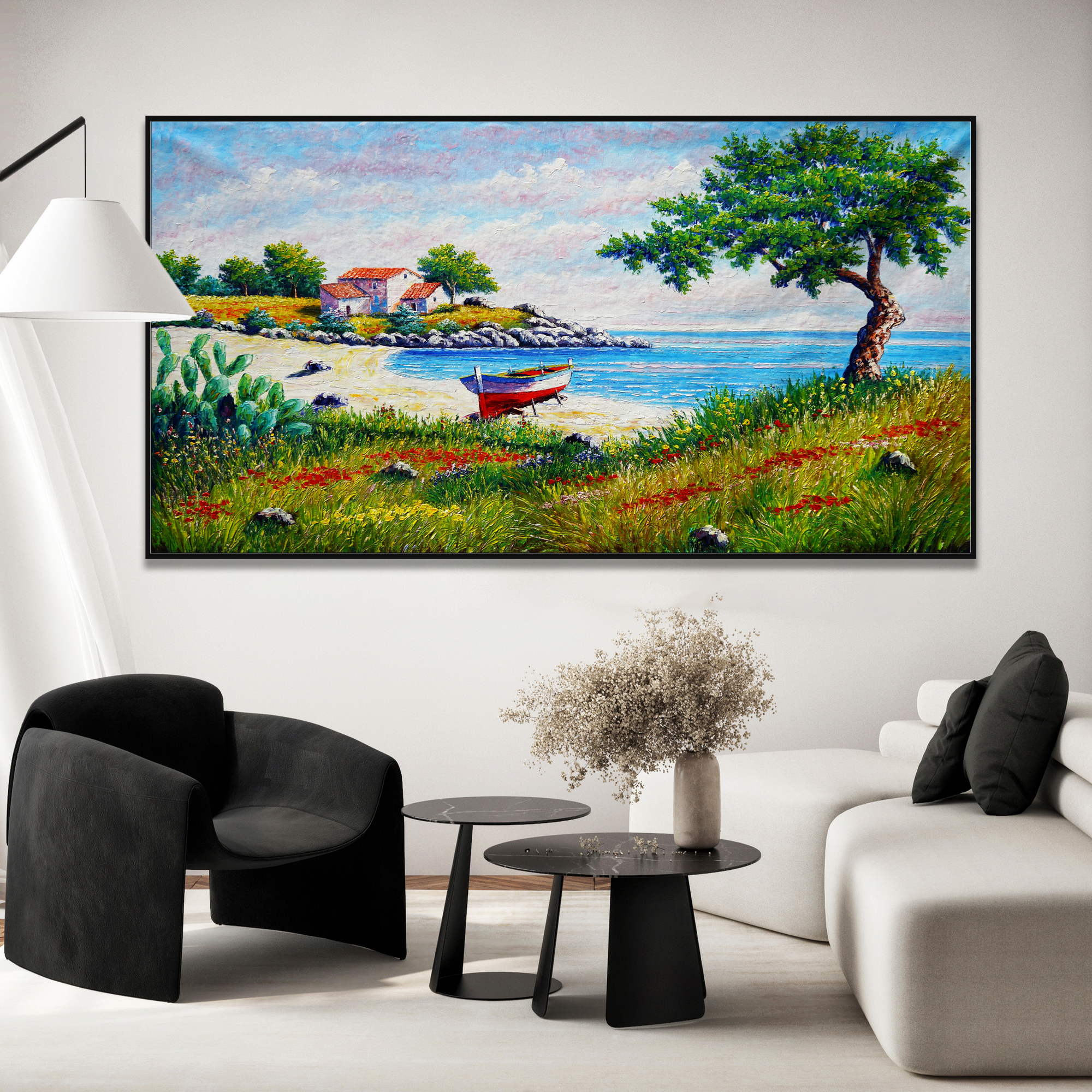 Dipinto di un paesaggio marino con barca e albero