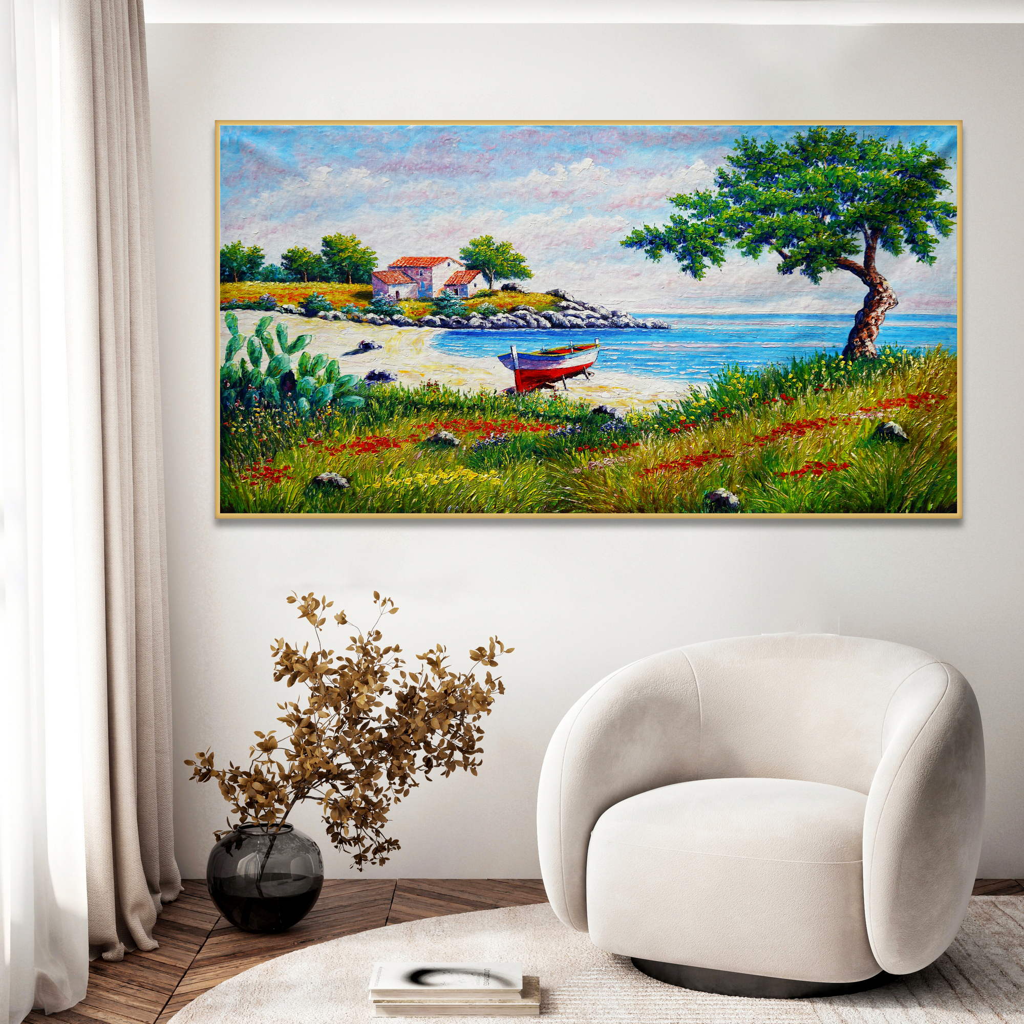 Bateau de plage paysage marin peint à la main 90x180cm