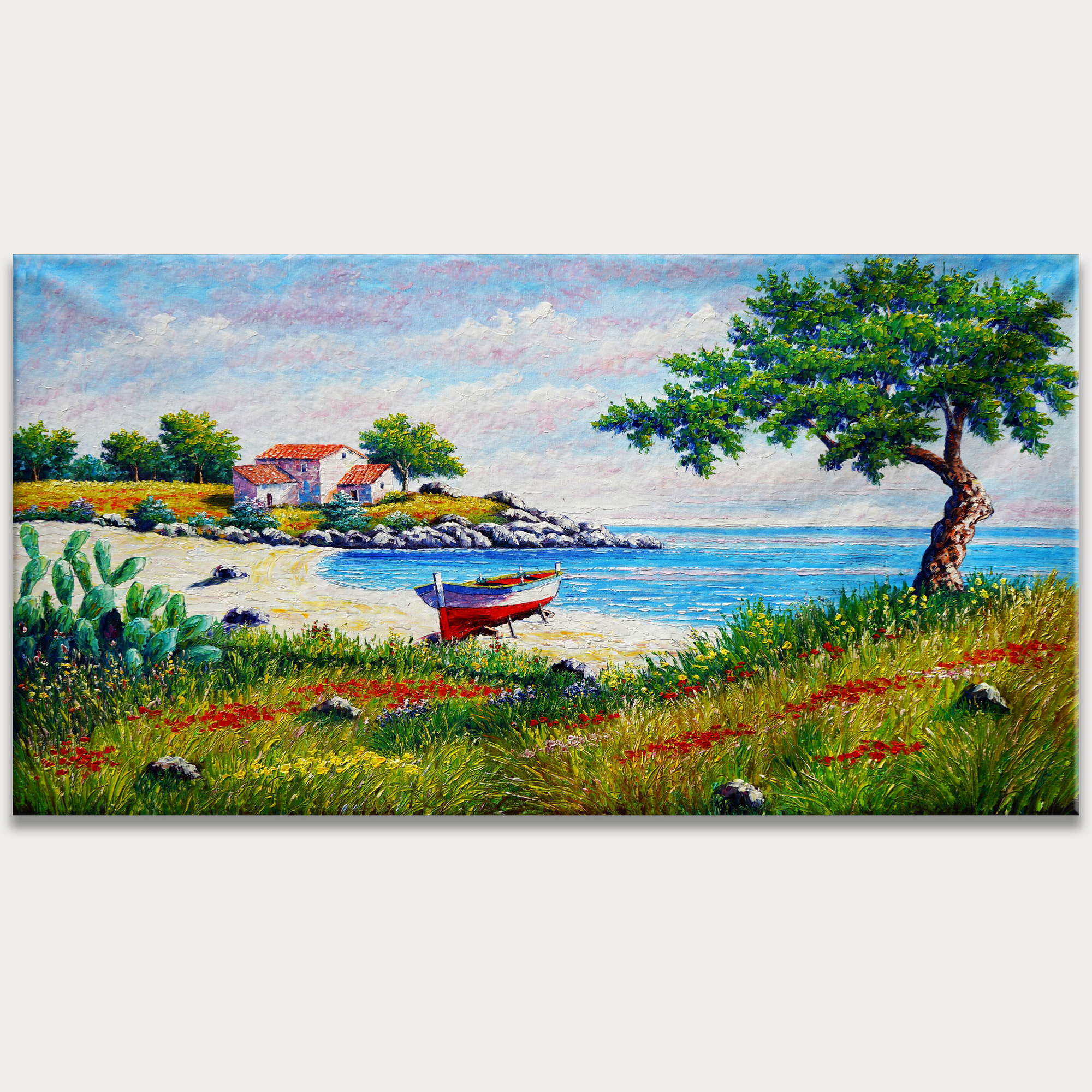 Dipinto a mano Paesaggio Marino Spiaggia Barca 90x180cm