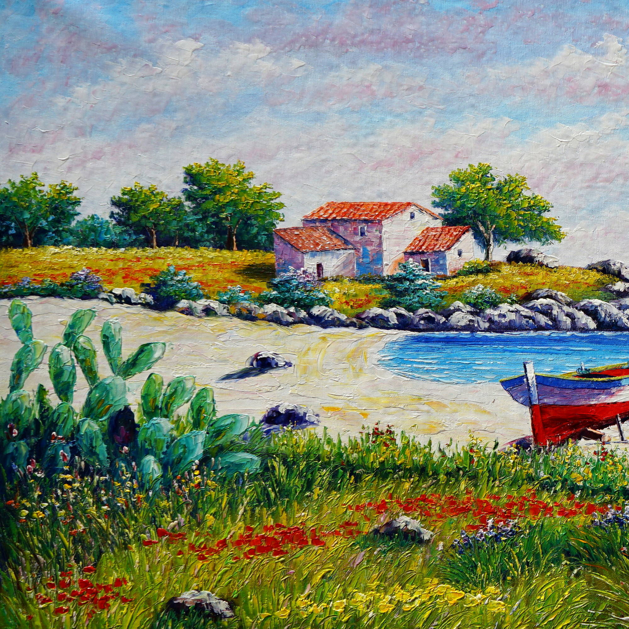 Dipinto a mano Paesaggio Marino Spiaggia Barca 90x180cm
